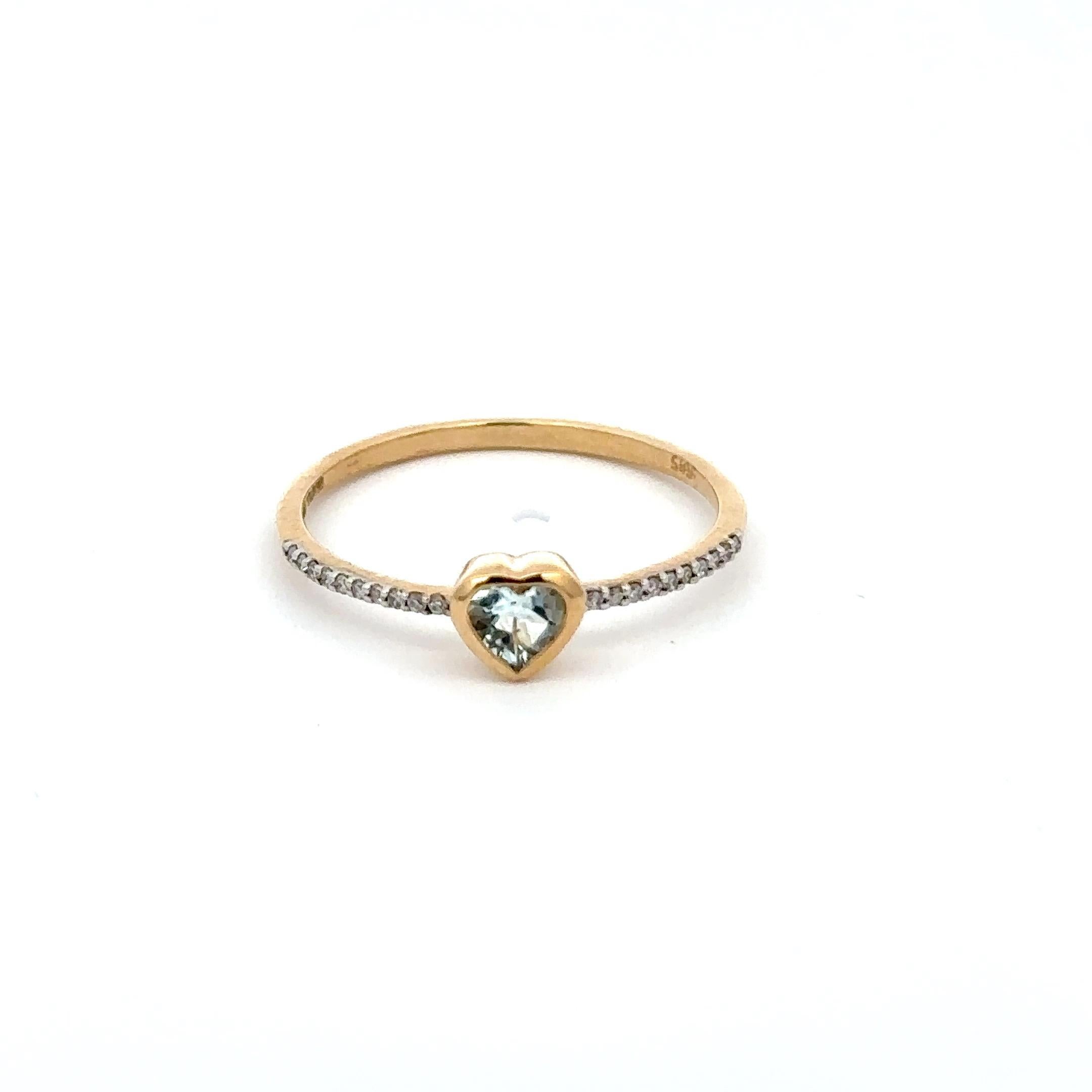 For Sale:  Dainty Heart Cut Aquamarine and Diamond 14k Solid Yellow Gold Ring 17