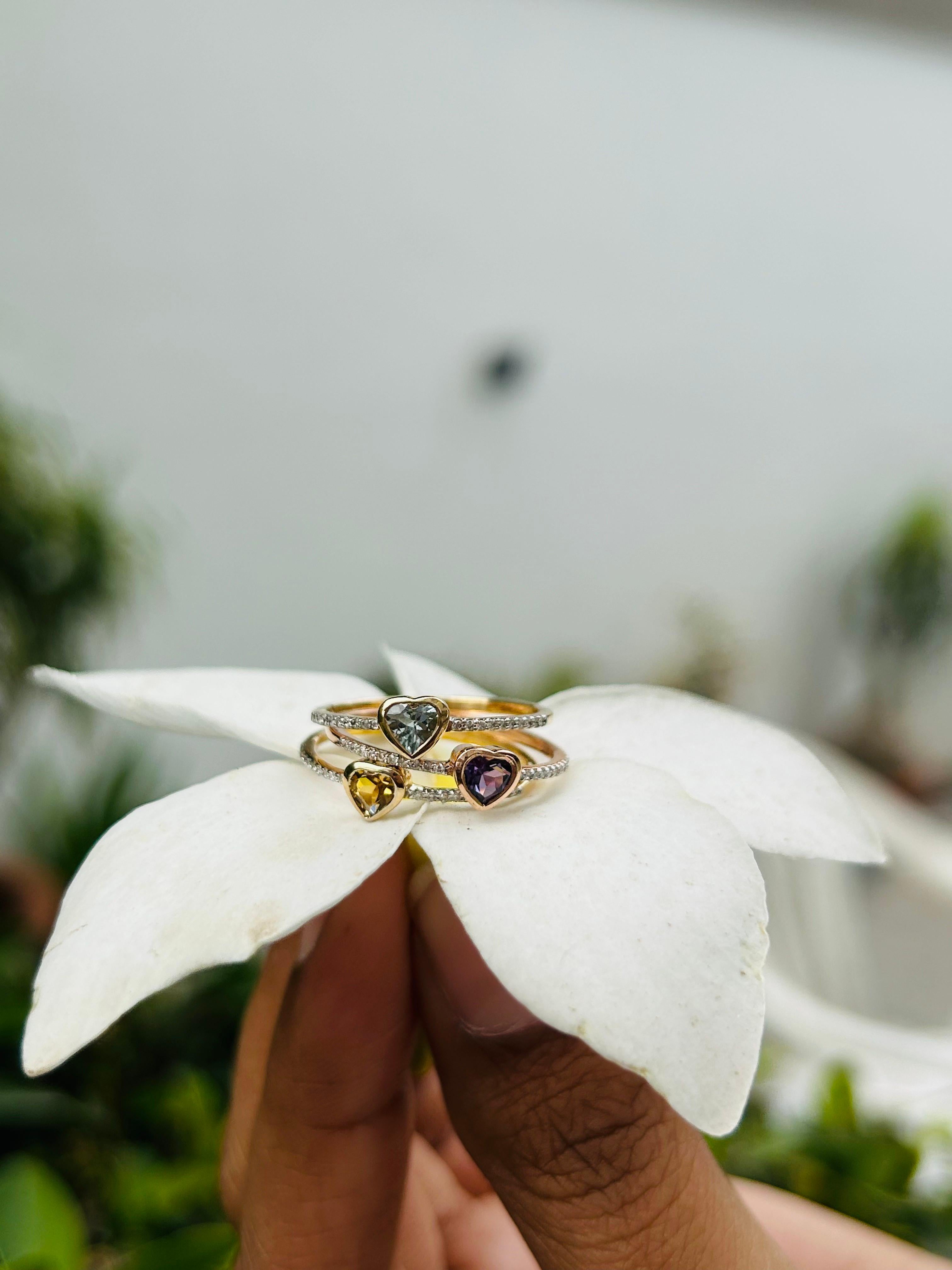 For Sale:  Dainty Heart Cut Aquamarine and Diamond 14k Solid Yellow Gold Ring 4