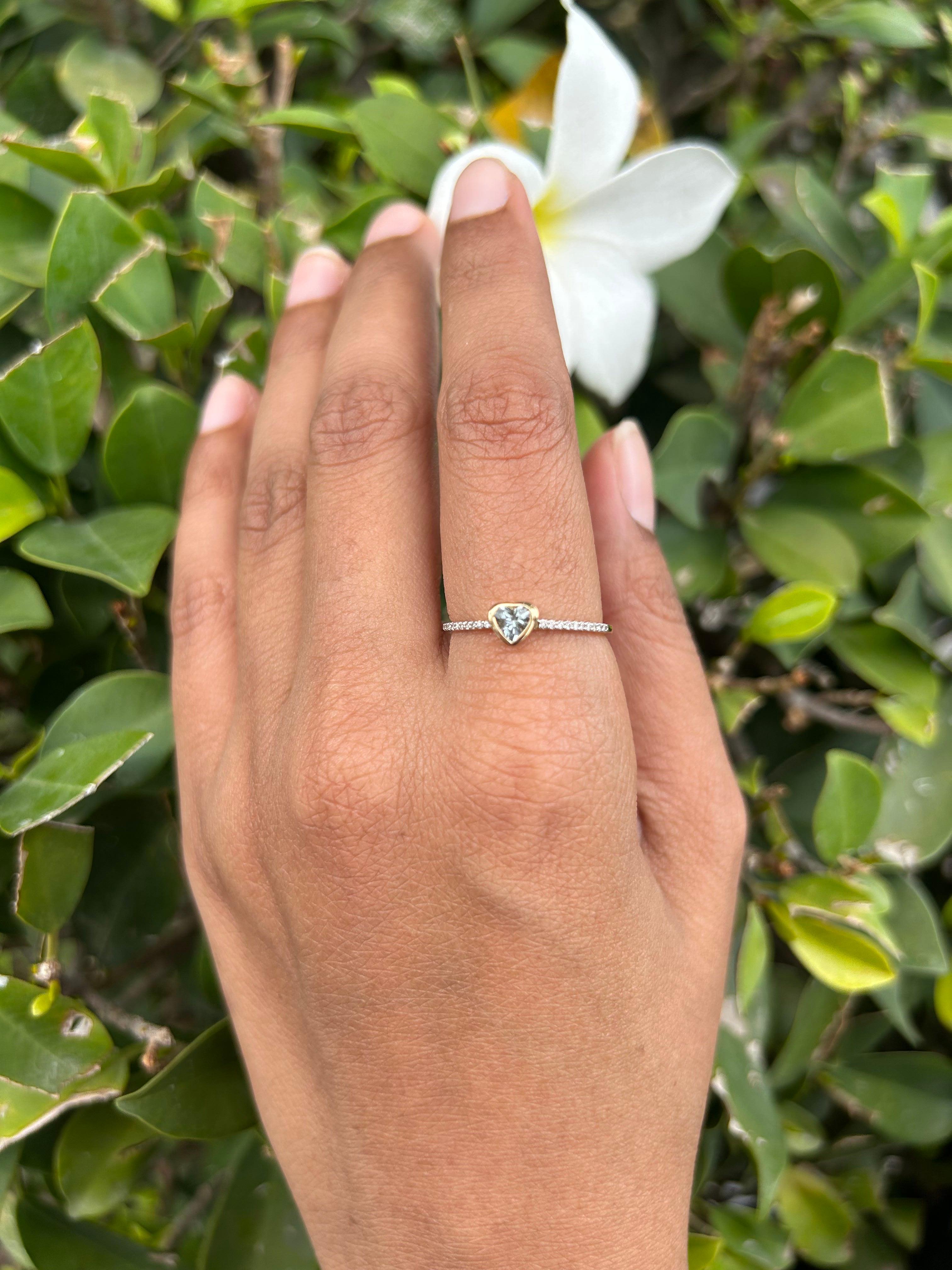 For Sale:  Dainty Heart Cut Aquamarine and Diamond 14k Solid Yellow Gold Ring 7