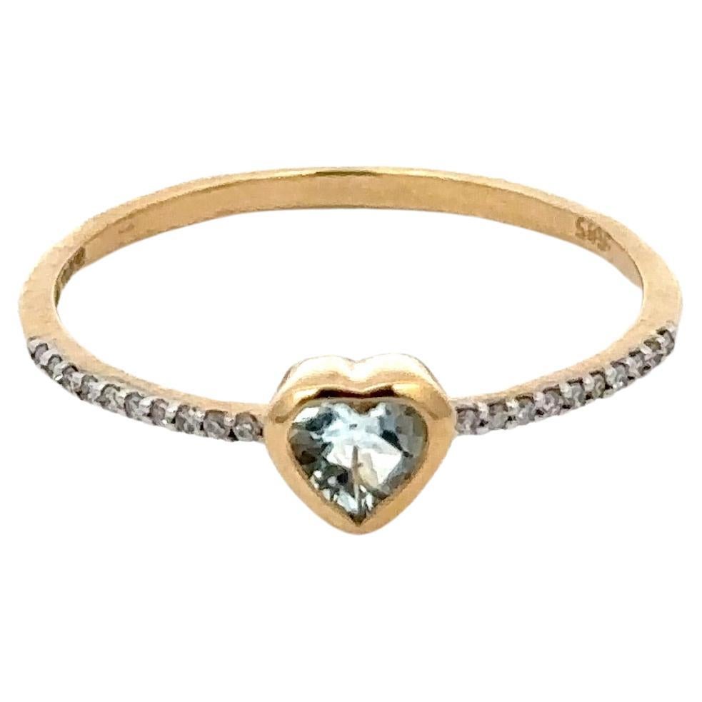 For Sale:  Dainty Heart Cut Aquamarine and Diamond 14k Solid Yellow Gold Ring