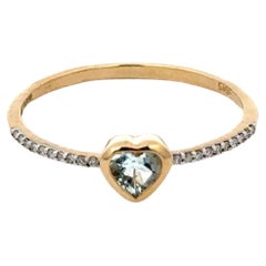 Dainty Heart Cut Aquamarine and Diamond 14k Solid Yellow Gold Ring