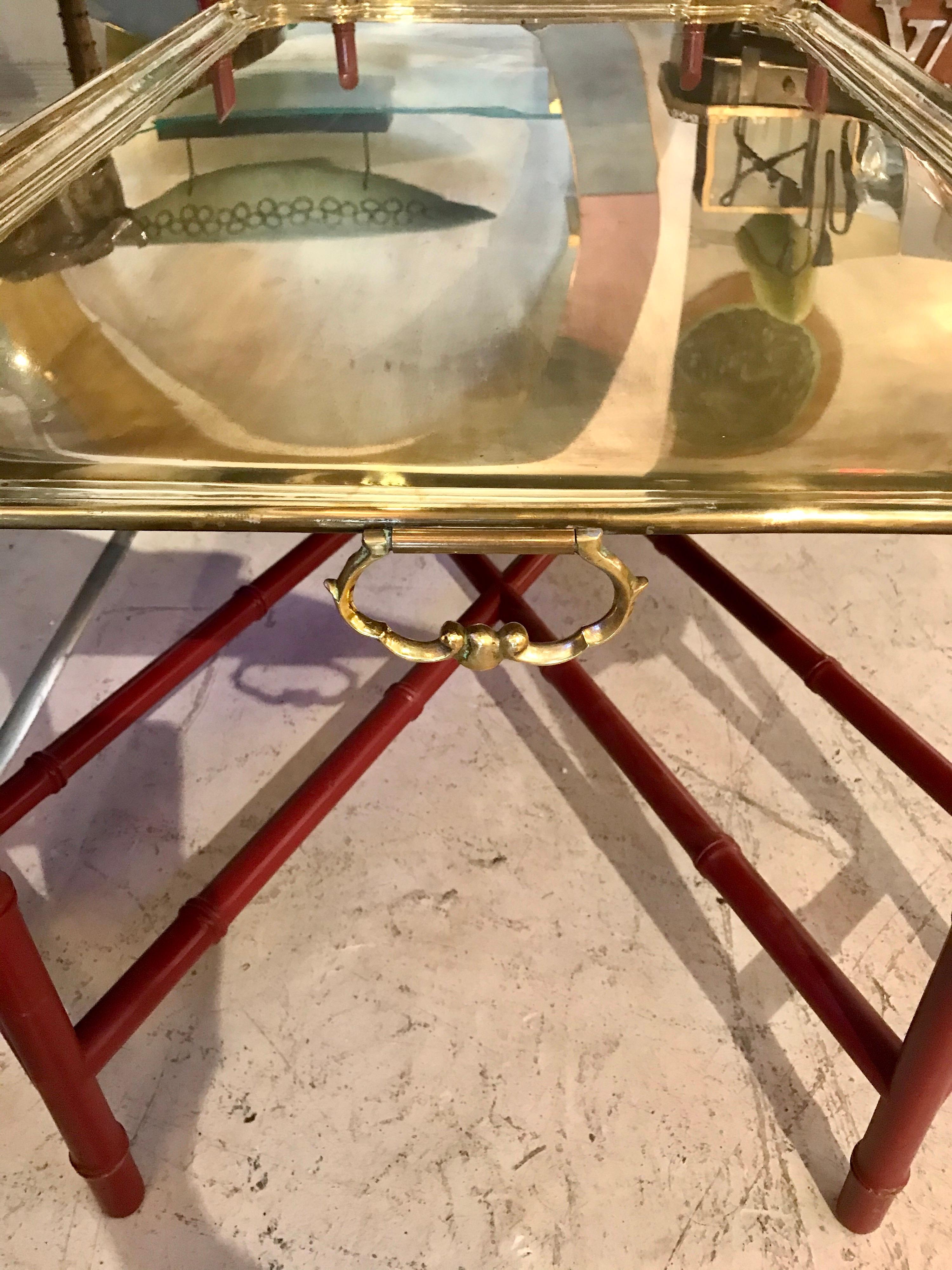 Mid-Century Modern Elegant Heavy Brass Tray Coffee Table with Faux Bamboo Base