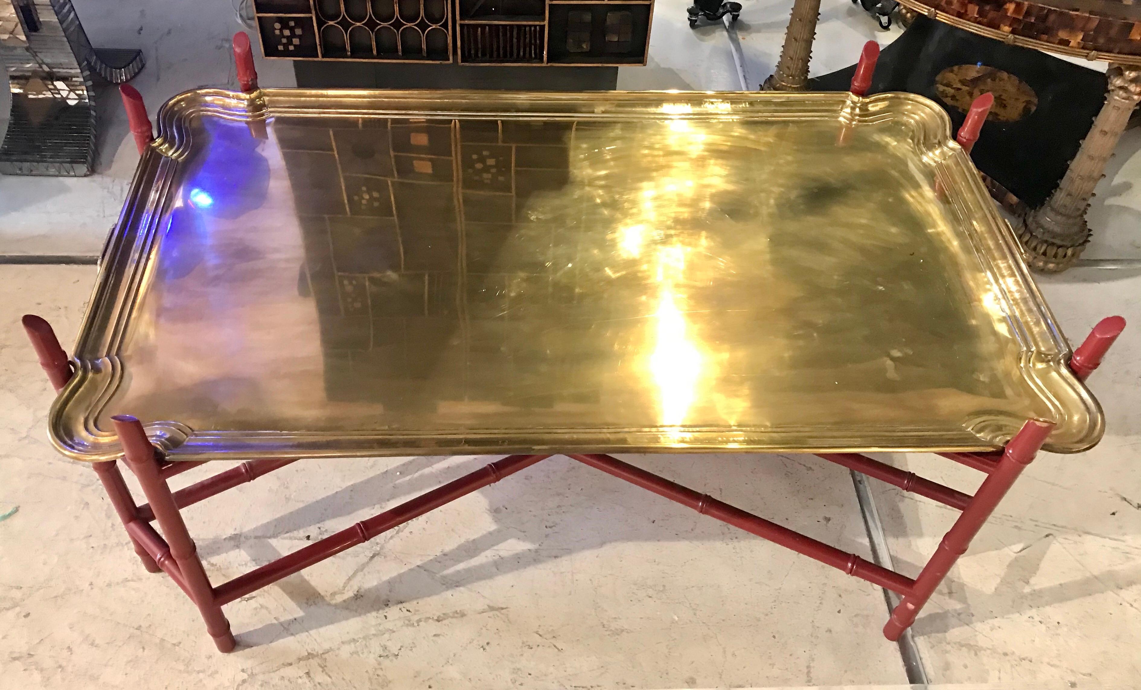 20th Century Elegant Heavy Brass Tray Coffee Table with Faux Bamboo Base