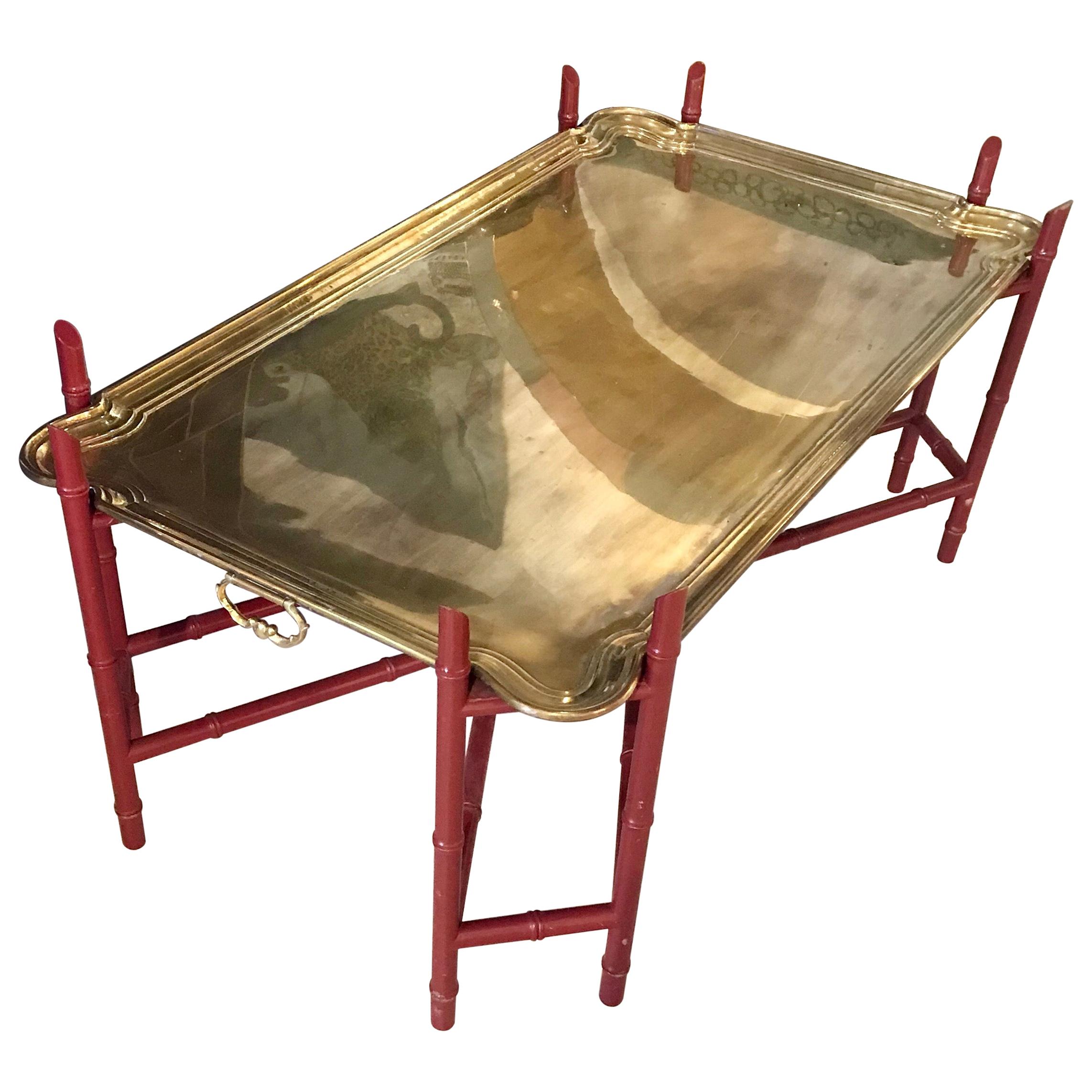 Elegant Heavy Brass Tray Coffee Table with Faux Bamboo Base