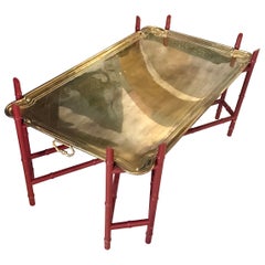 Elegant Heavy Brass Tray Coffee Table with Faux Bamboo Base