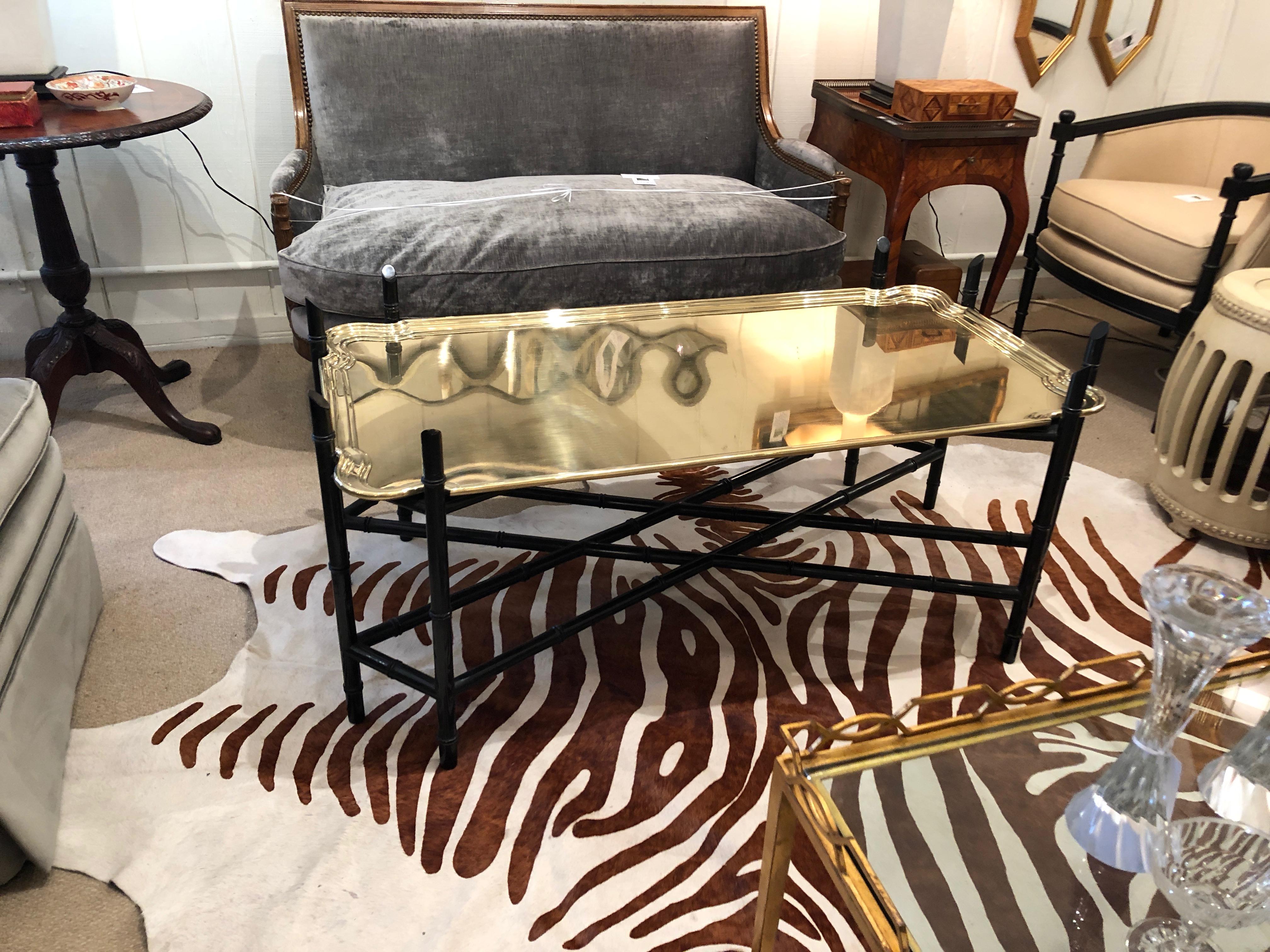 American Elegant Heavy Brass Tray Coffee Table with Faux Bamboo Ebonized Base For Sale