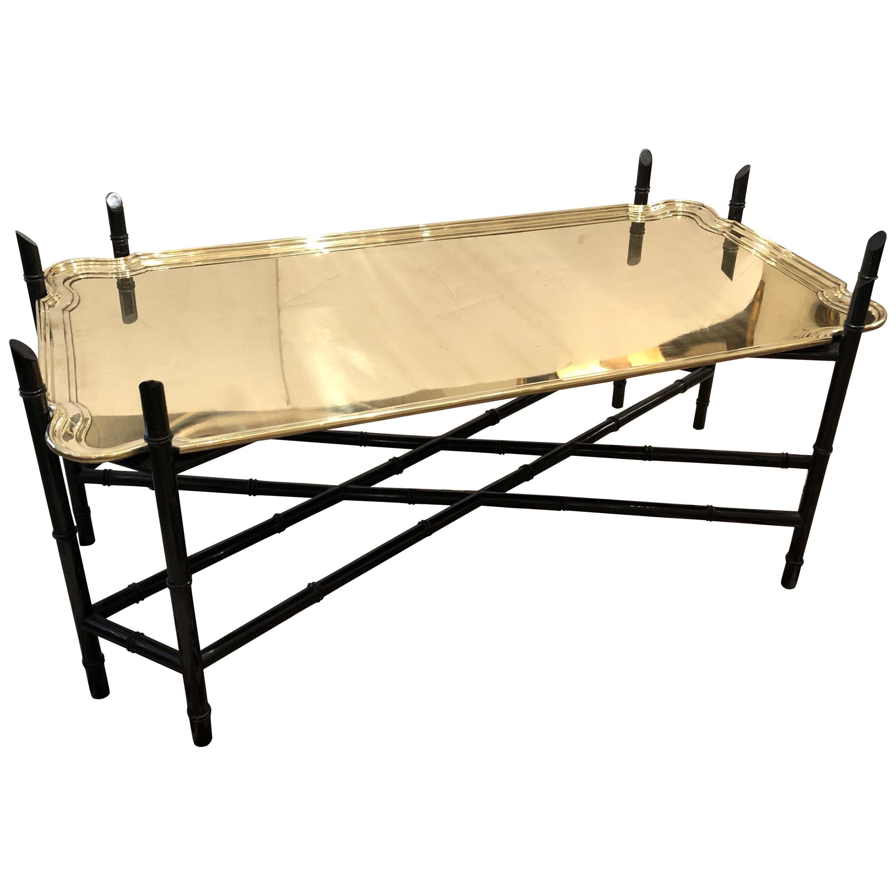 Elegant Heavy Brass Tray Coffee Table with Faux Bamboo Ebonized Base