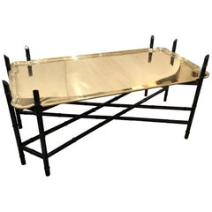 Vintage Elegant Heavy Brass Tray Coffee Table with Faux Bamboo Ebonized Base