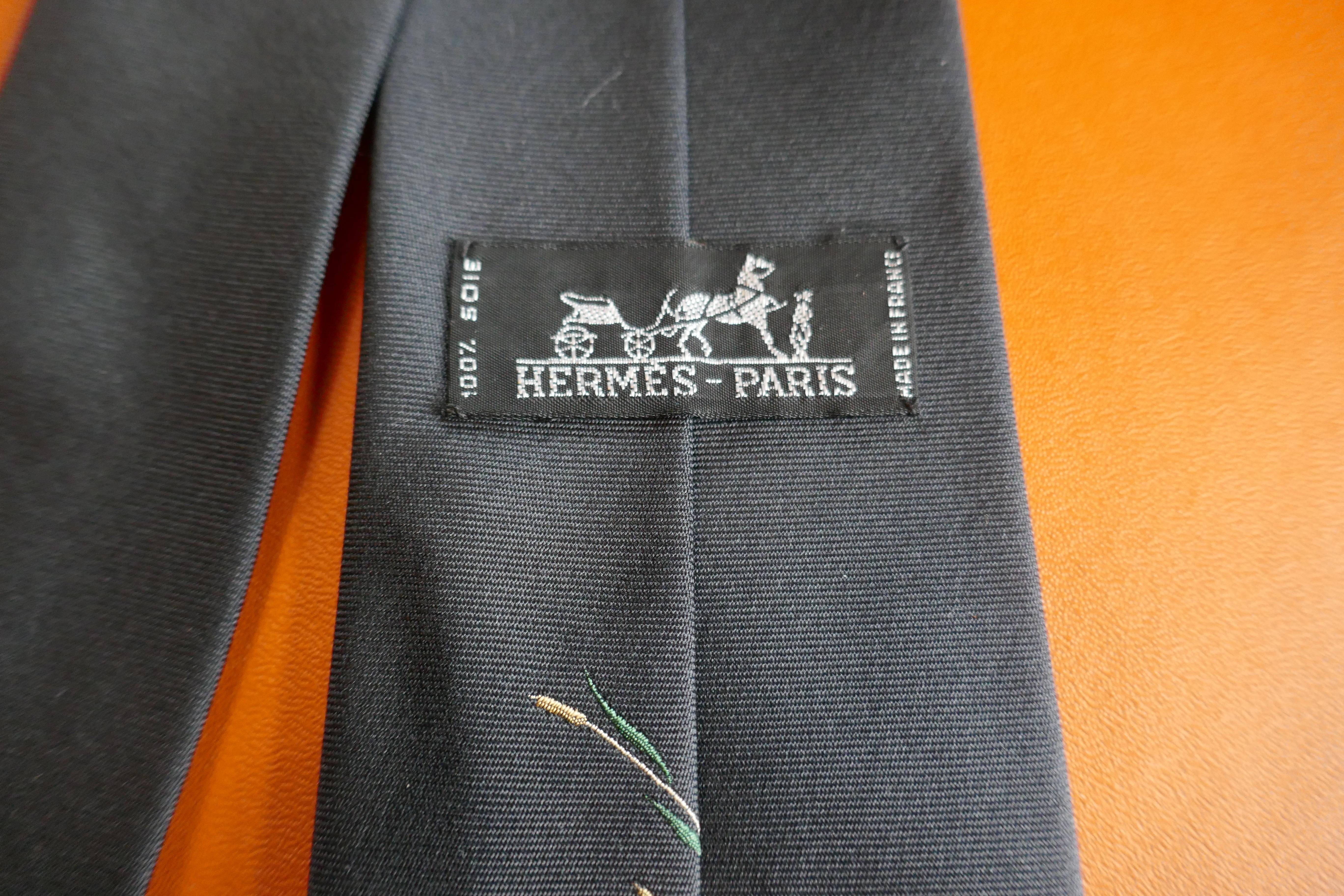 Elegant Hermes Black Silk Tie, Lone Mallard in the Reeds  3