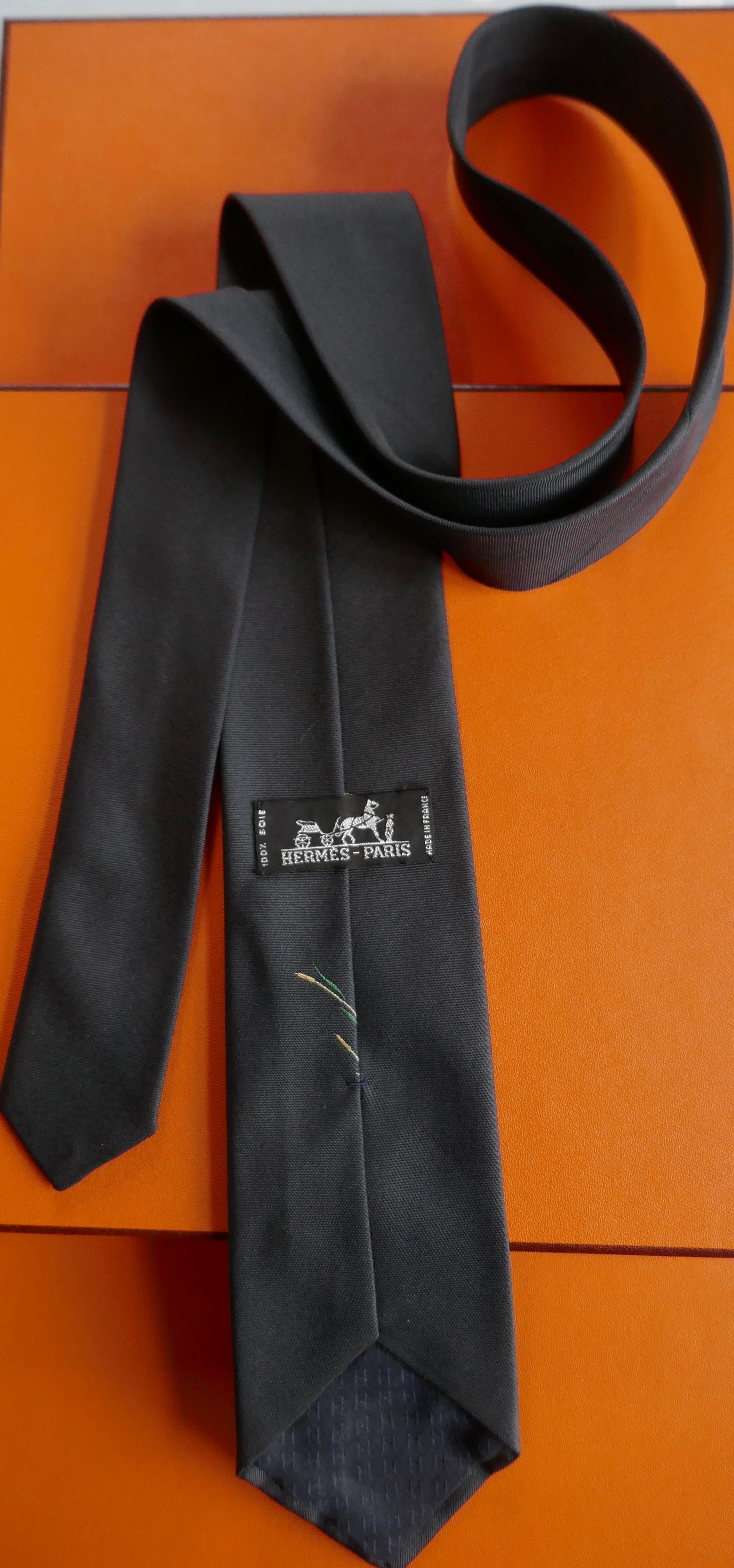 Elegant Hermes Black Silk Tie, Lone Mallard in the Reeds  2