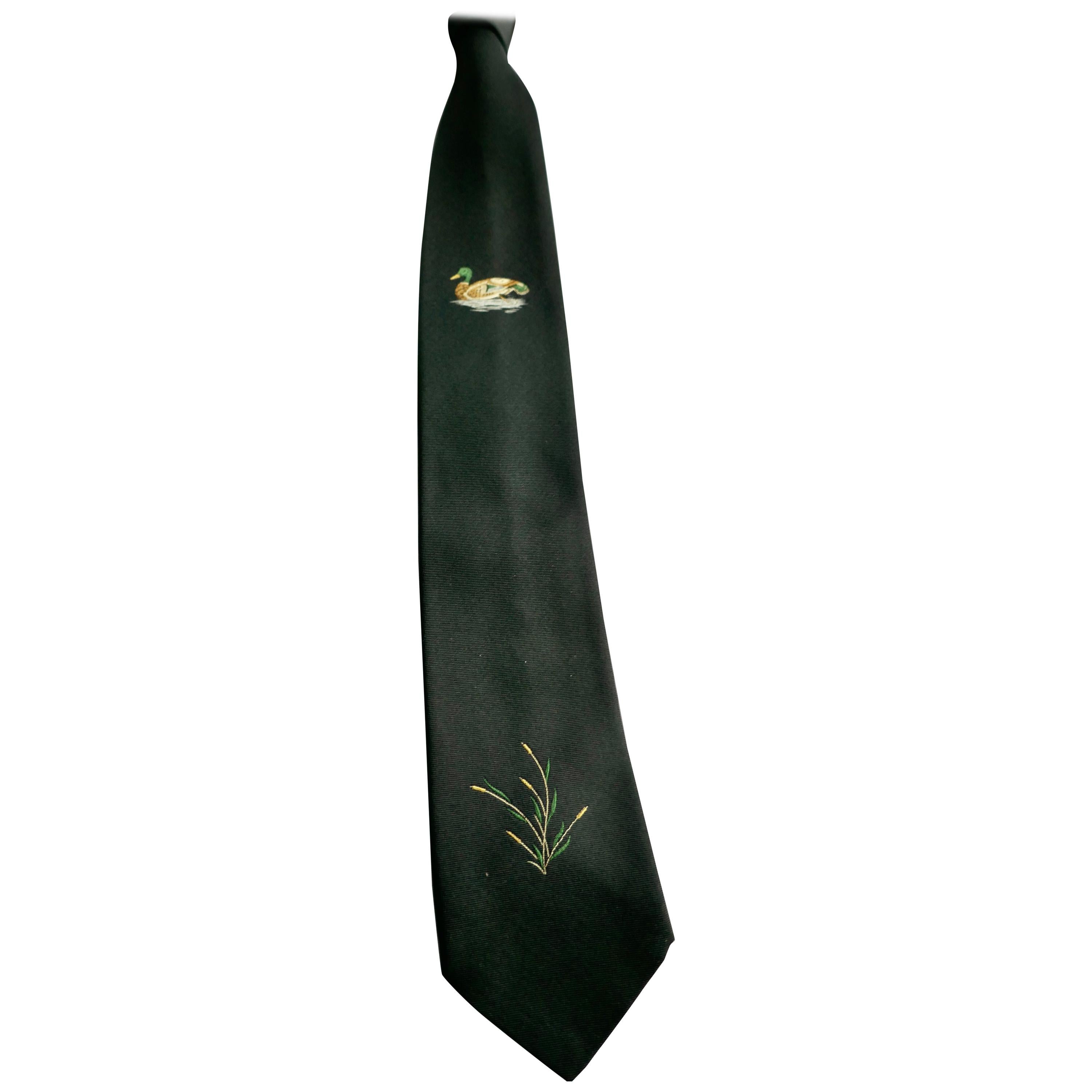 Elegant Hermes Black Silk Tie, Lone Mallard in the Reeds 