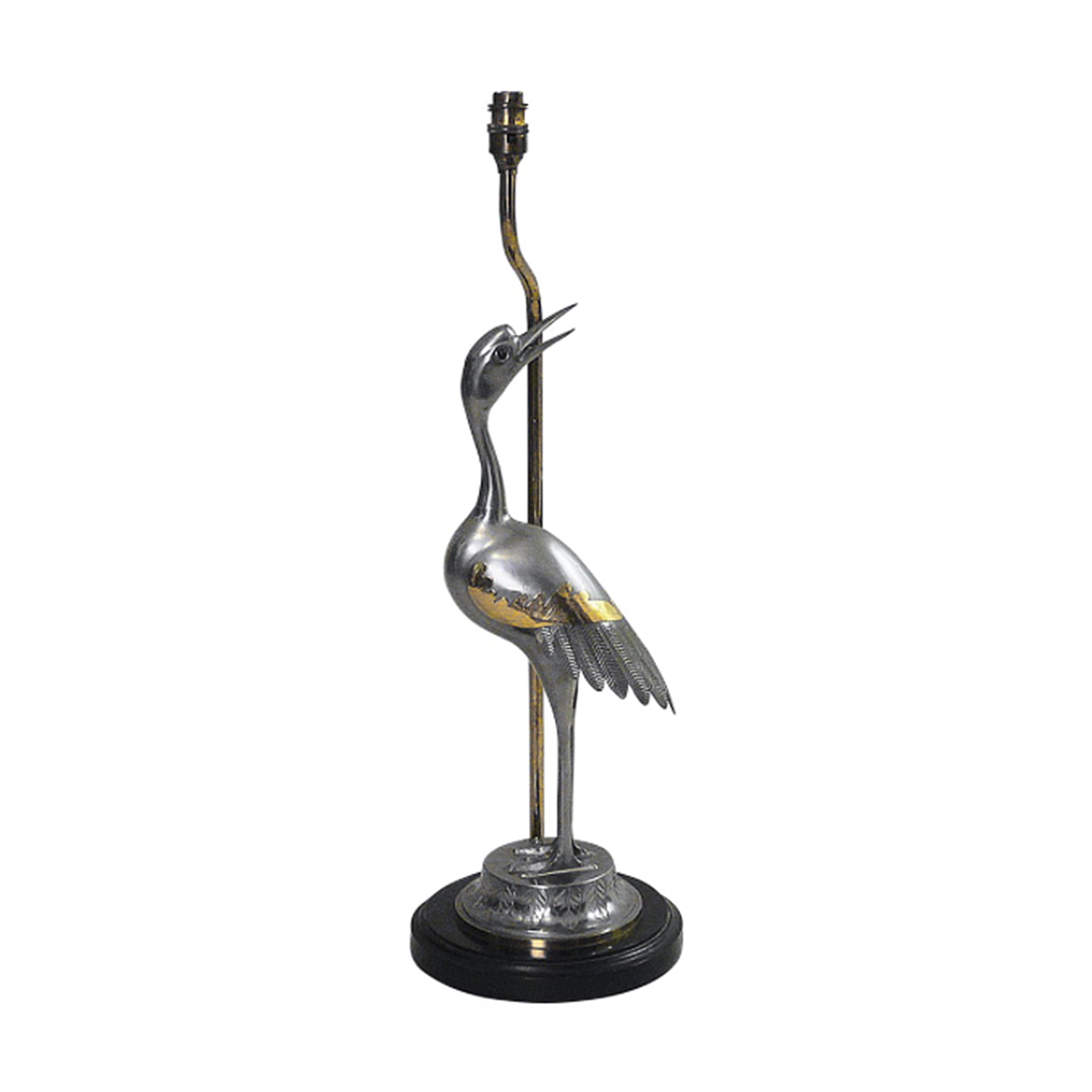 Elegant heron table lamp with beautiful details standing on a chrome and wood base. Shade is for display purposes only. Shade not included for display purposes only.