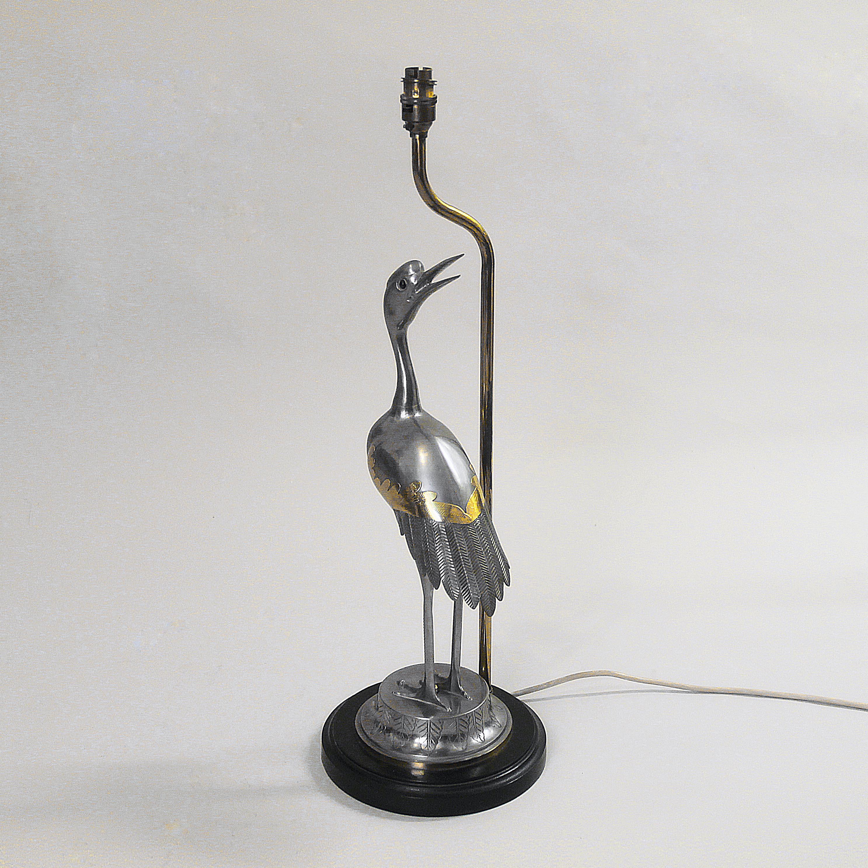 British Elegant Heron Bird Chrome and Brass Table Lamp hollywood regency midcentury For Sale