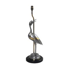 Elegant Heron Chrome Brass Table Lamp Vintage Retro Hollywood Regency 1970s