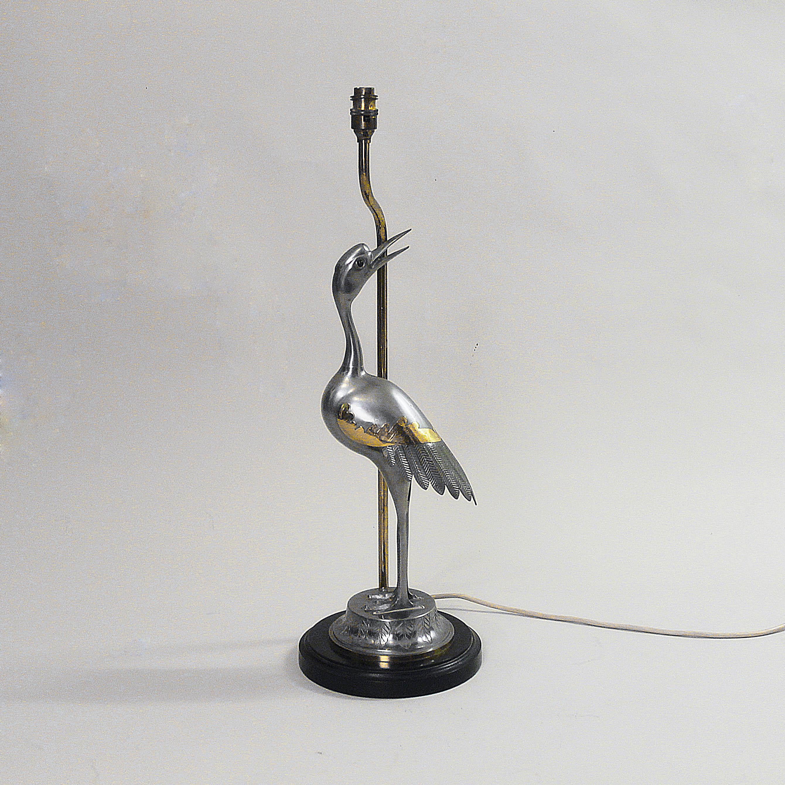British Elegant Heron Chrome Brass Table Lamp Vintage Retro Hollywood Regency 1970s For Sale