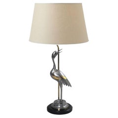 Elegante lámpara de mesa Heron de latón cromado Vintage Retro Hollywood Regency Años 70