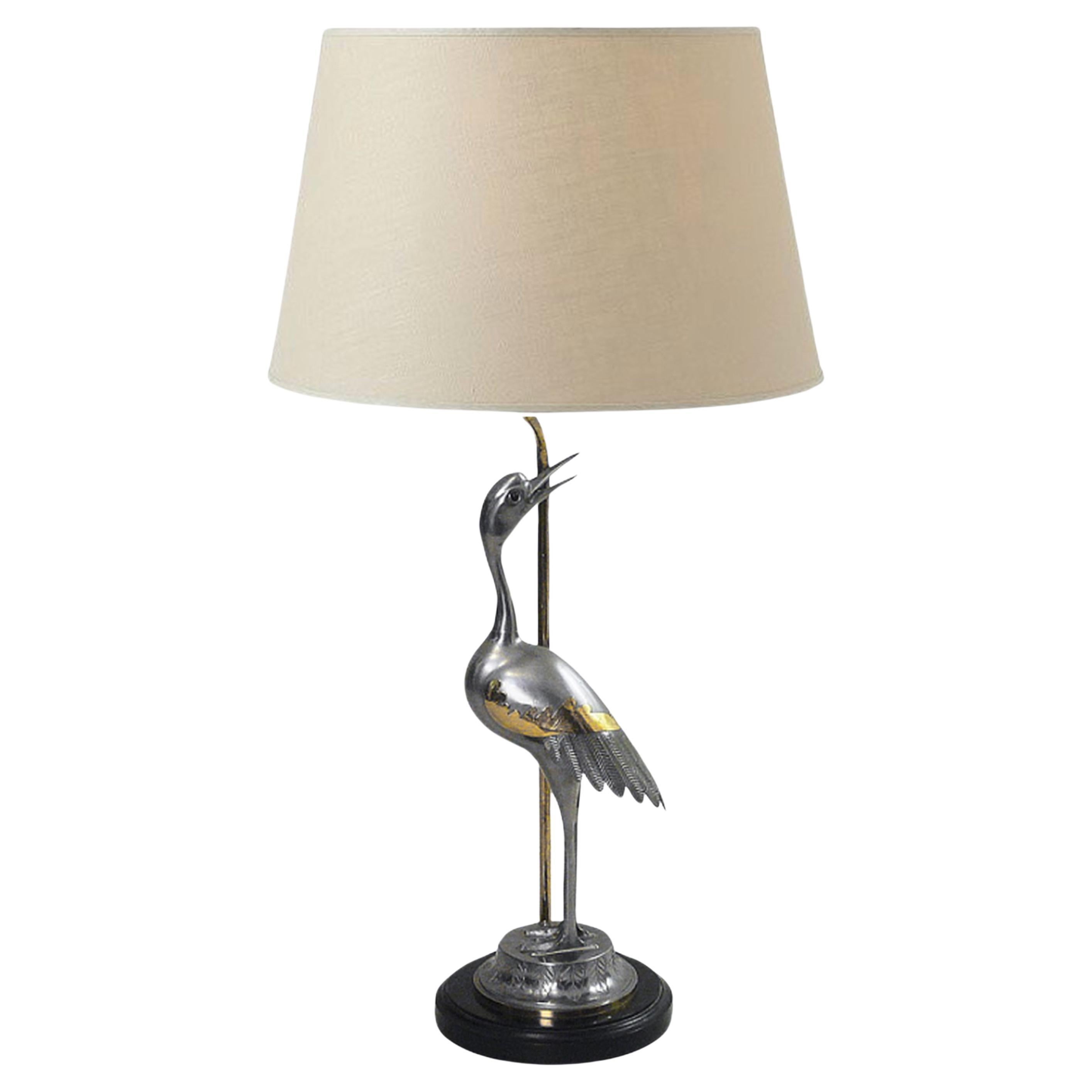 Elegant Heron Chrome Brass Table Lamp Vintage Retro Hollywood Regency 1970s For Sale