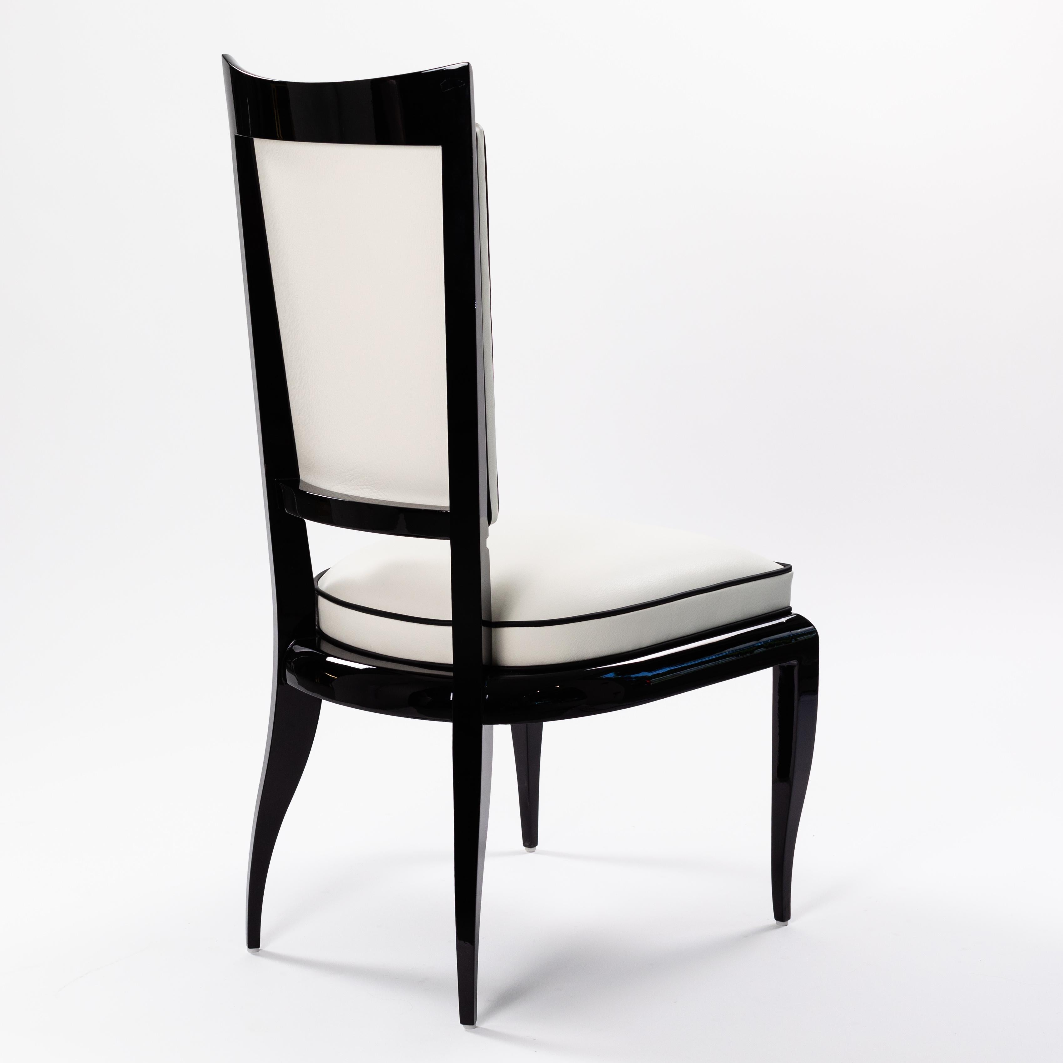 German Elegant High Back Art Déco Dining Room Chair Black Lacquer White Nappa Leather For Sale