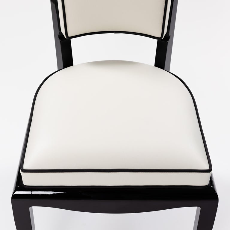Elegant High Back Art Déco Dining Room Chair Black Lacquer White Nappa Leather For Sale at 1stDibs