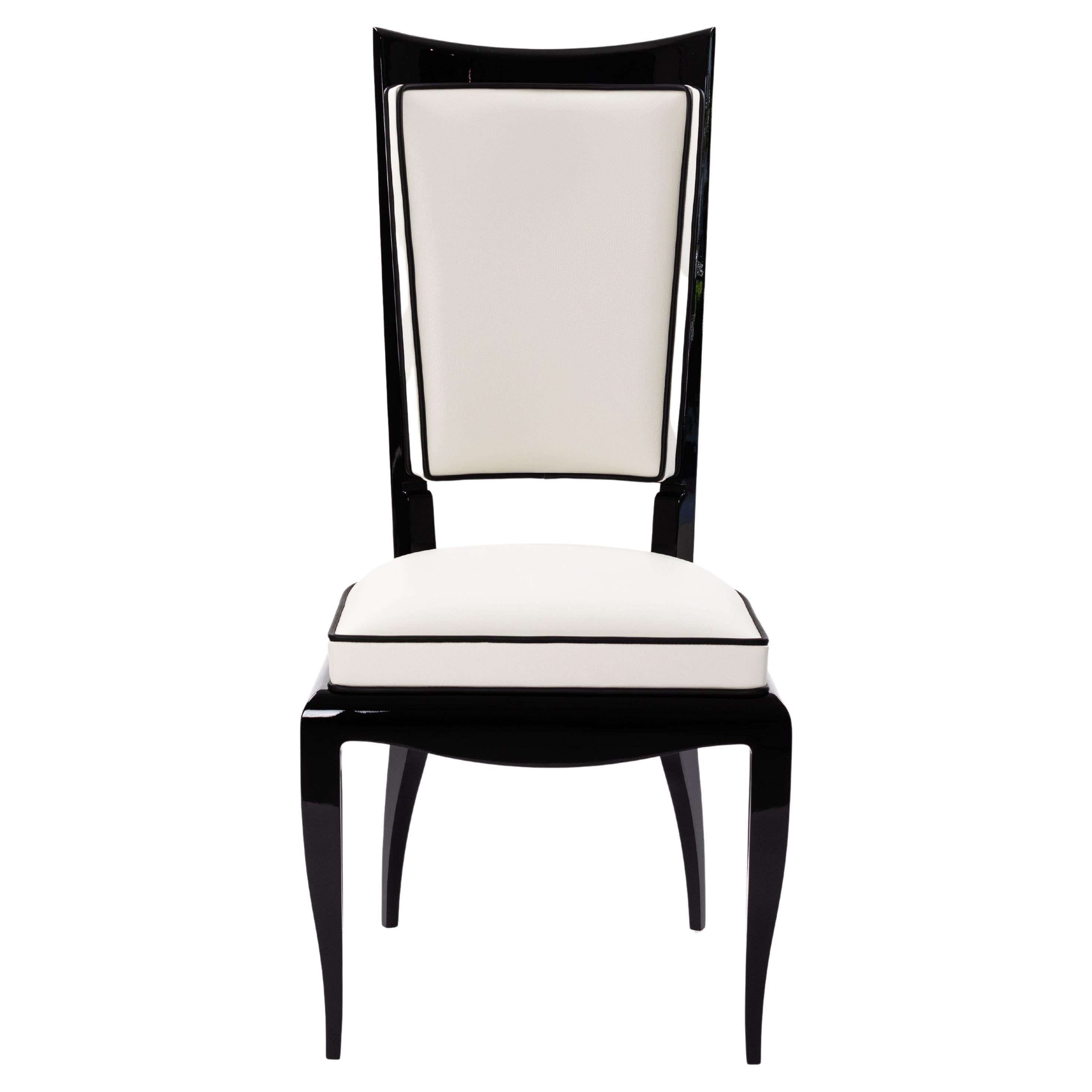 Elegant High Back Art Déco Dining Room Chair Black Lacquer White Nappa Leather For Sale