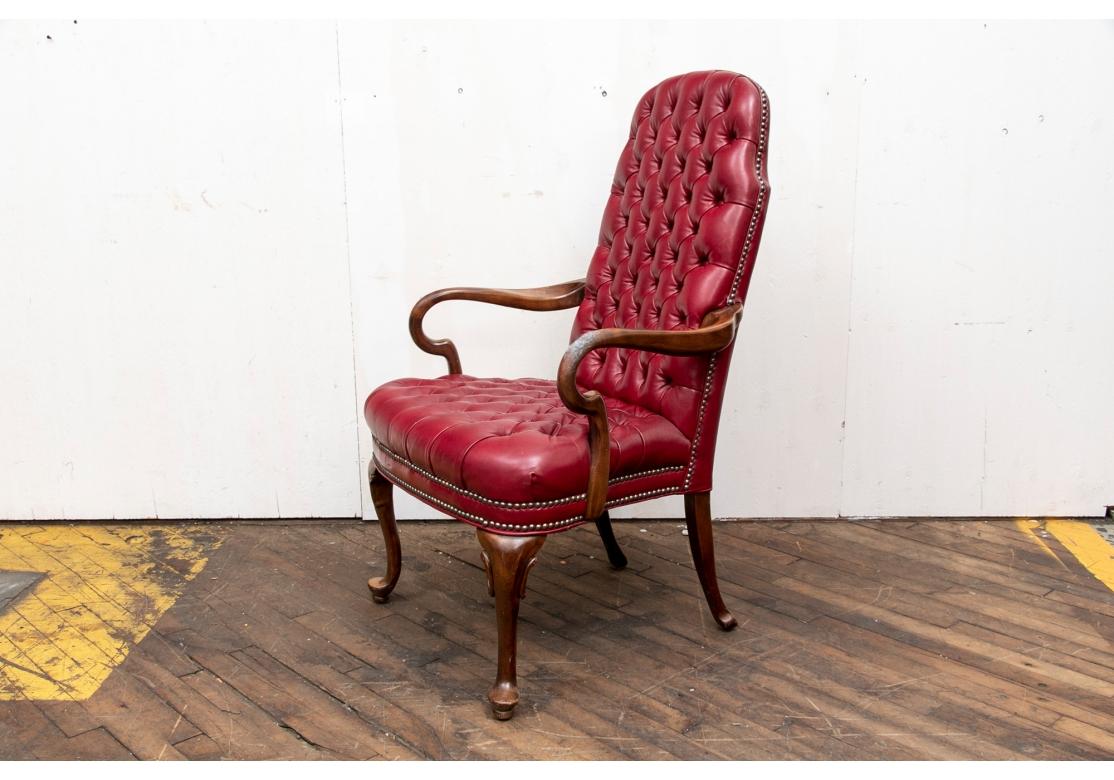 Elegant High Back Tufted Red Leather Armchair In Good Condition For Sale In Bridgeport, CT
