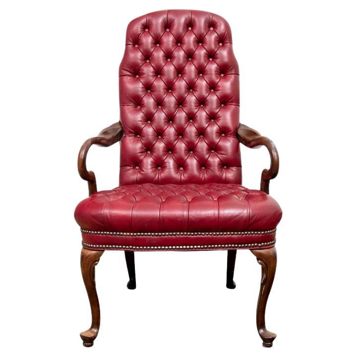 Elegant High Back Tufted Red Leather Armchair For Sale