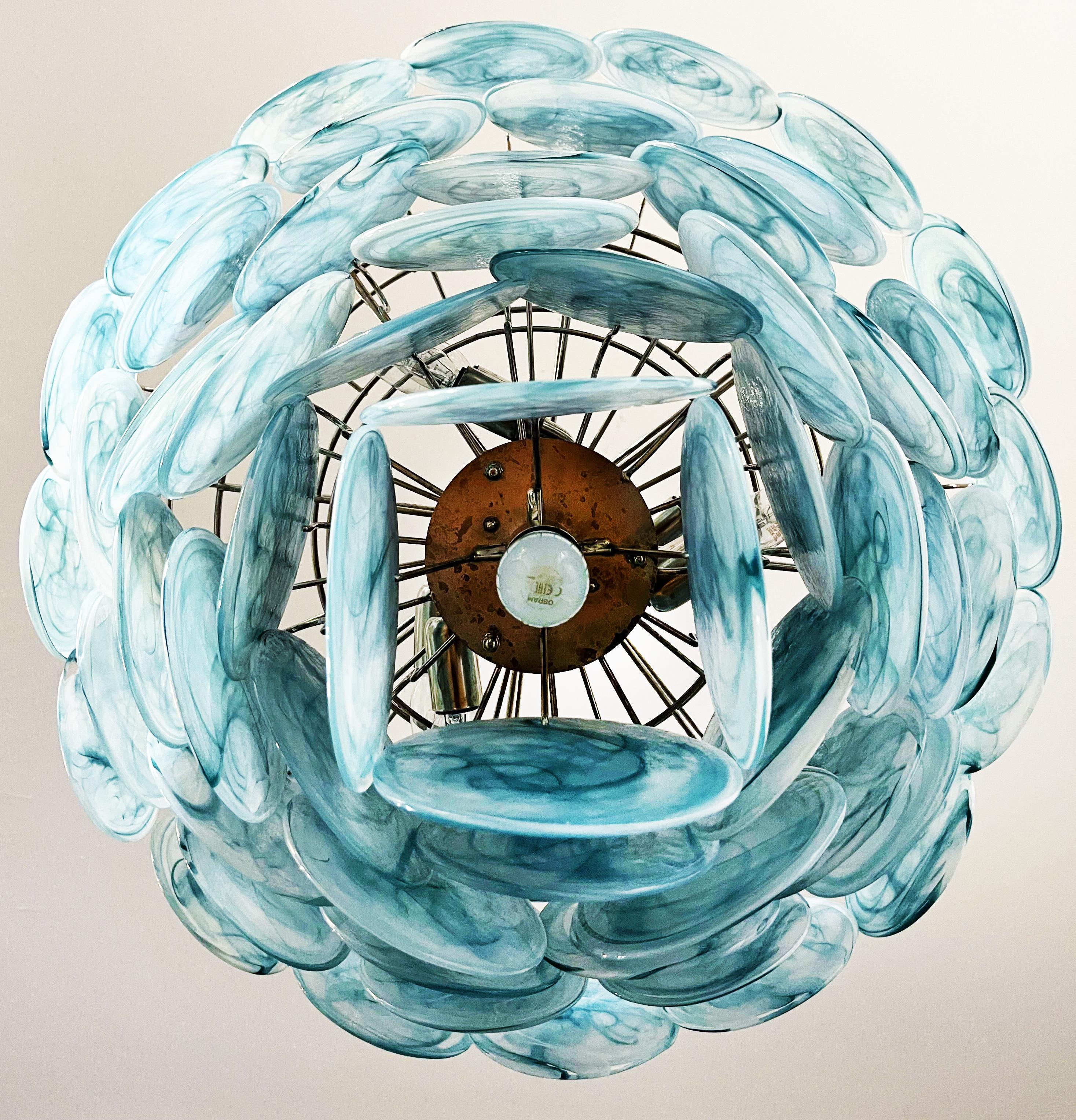 Art Glass Elegant High quality Murano chandelier space age - 57 BLUE alabaster iridescent For Sale