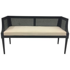 Elegant Hollywood Regency Caned Ebonized Bench with Upholstered Seat