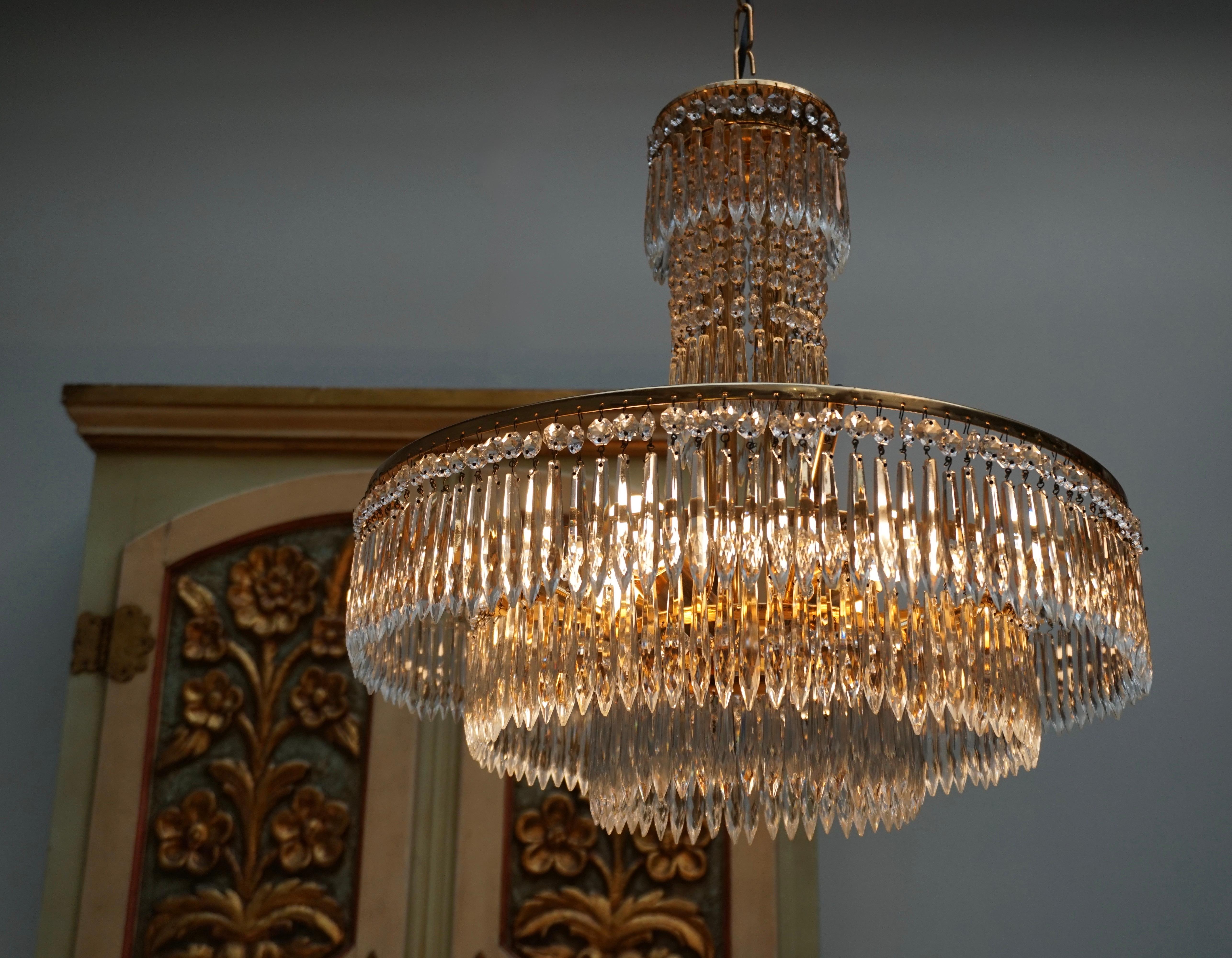 Belgian Elegant Hollywood Regency Crystal and Brass Chandelier