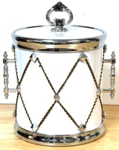 Elegant Hollywood Regency White & Silver Drum Form Ice Bucket/Cooler