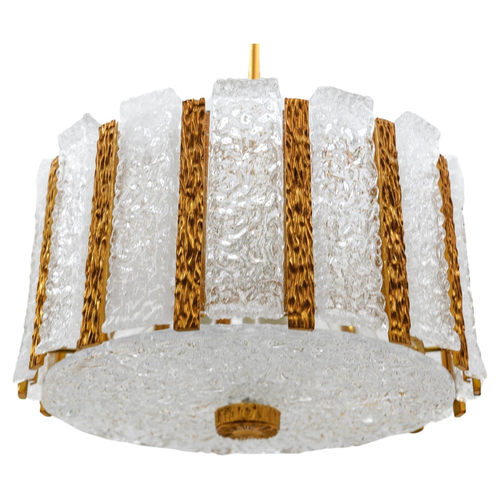 Elegant Ice Glass and Bronze Chendelier by J.T. Kamlar Franken KG, 1960s Austria