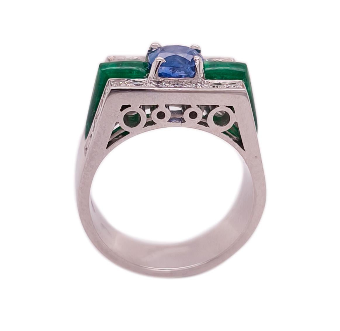 Art Deco 1960 Illario IGI Certified 1.33 ct Kashmir Sapphire Emerald Diamond Ring For Sale