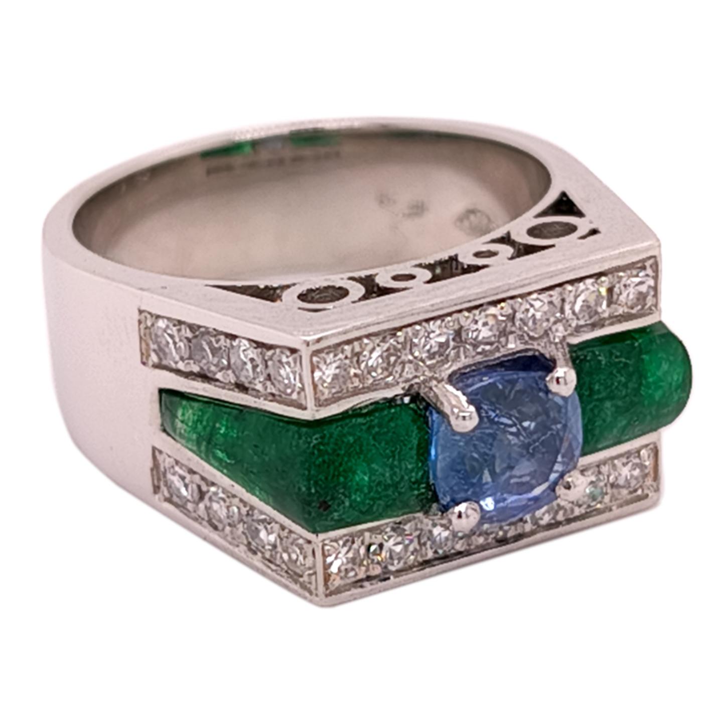 Antique Cushion Cut 1960 Illario IGI Certified 1.33 ct Kashmir Sapphire Emerald Diamond Ring For Sale
