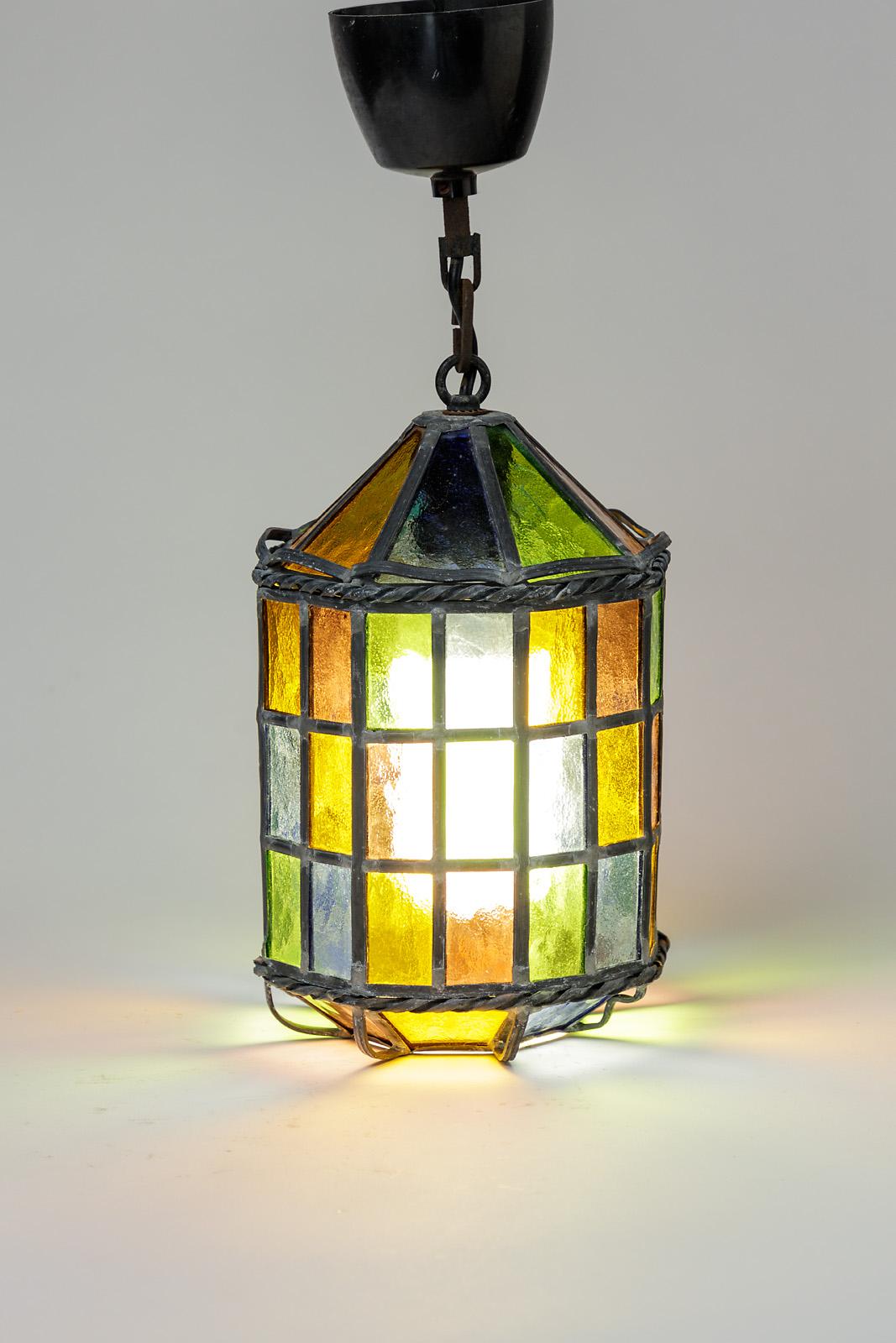 20th Century Elegant Illuminated Colored Glass Lantern, circa 1960, French Production