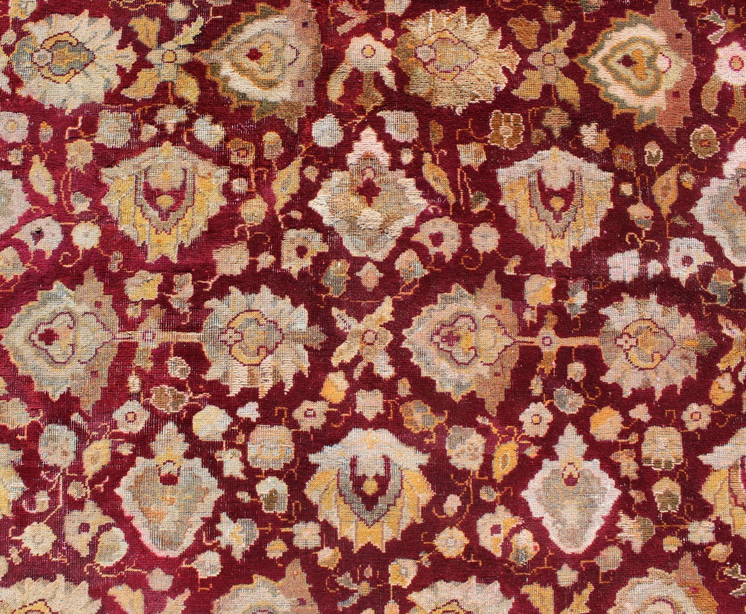 XIXe siècle Ancien tapis indien Agra noué à la main, fond rouge marron et bordure grise et verte en vente