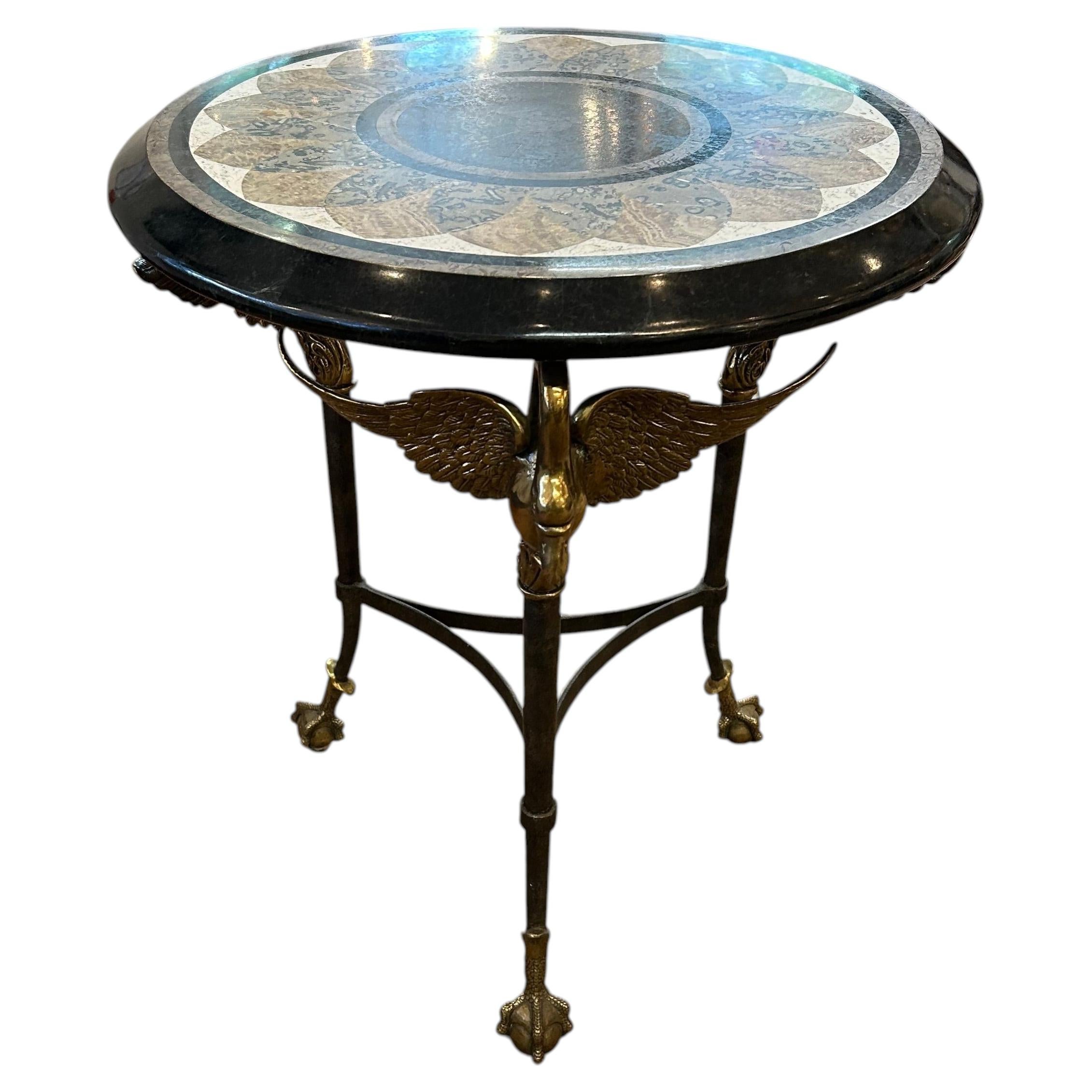 Elegant Inlaid Maitland Smith Mixed Marble Side Table with Swans For Sale