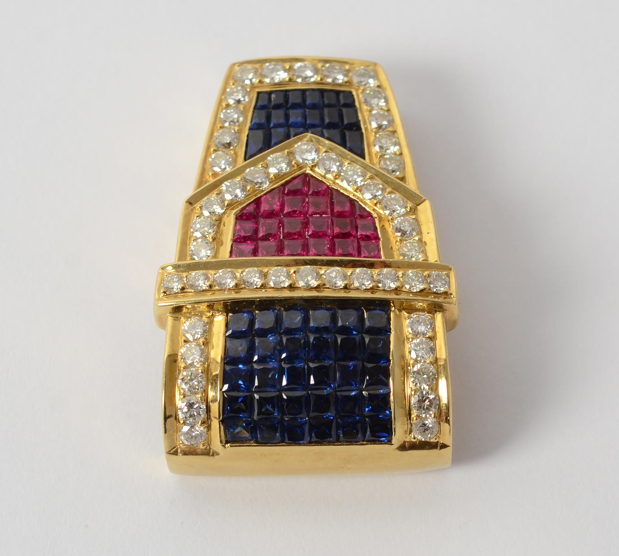 Modern Elegant Invisibly Set Ruby, Sapphire and Diamond Gold Buckle Pendant For Sale