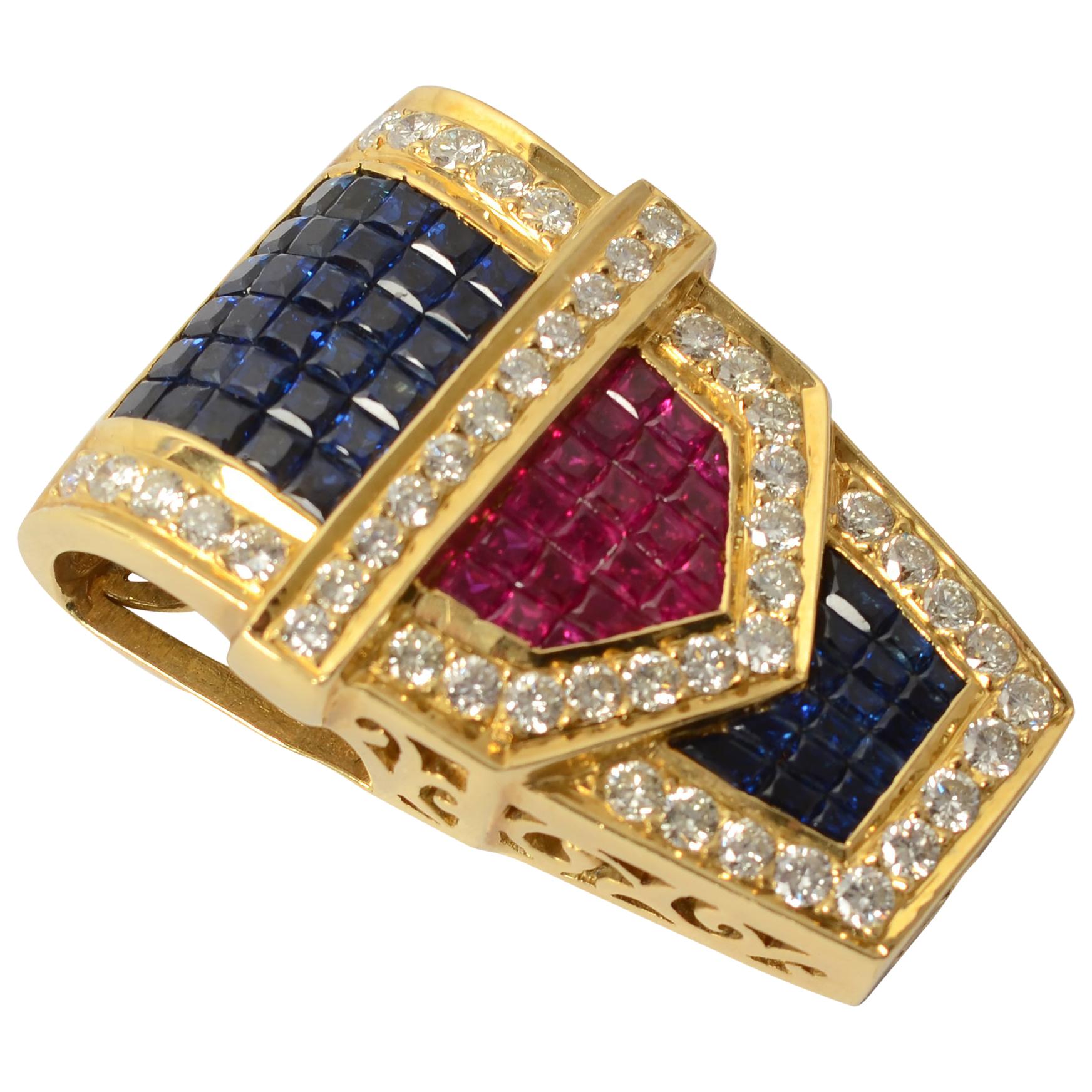 Elegant Invisibly Set Ruby, Sapphire and Diamond Gold Buckle Pendant For Sale