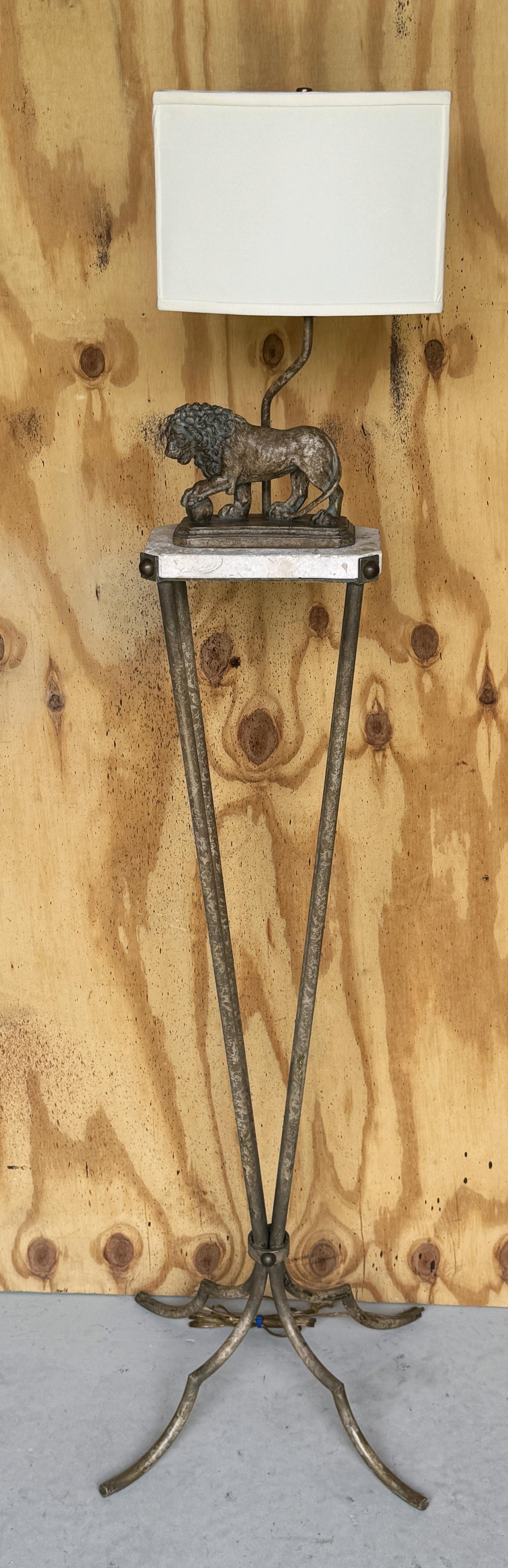 Metal Elegant Iron & Marble Medici Lion Motif Floor Lamp Attributed Maitland -Smith For Sale