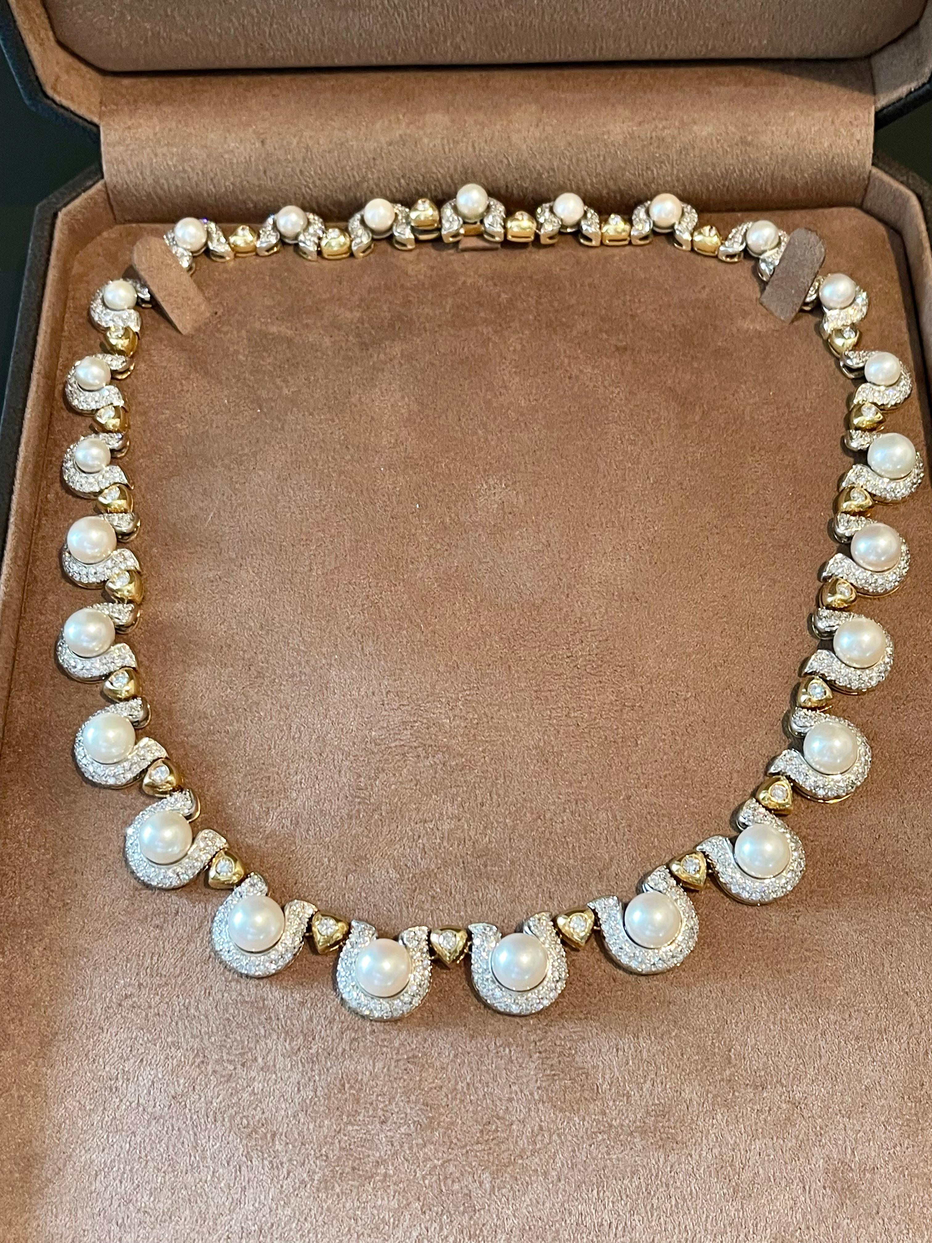 A very elegant and wearable 18 yellow and white Gold necklace made in Italy. The necklace features 25 culteured Pearls (6.2mm -8.50mm) and it is adorned with Diamonds of approximately 6.70 ct. 
A wonderful and most wearable piece of timeless