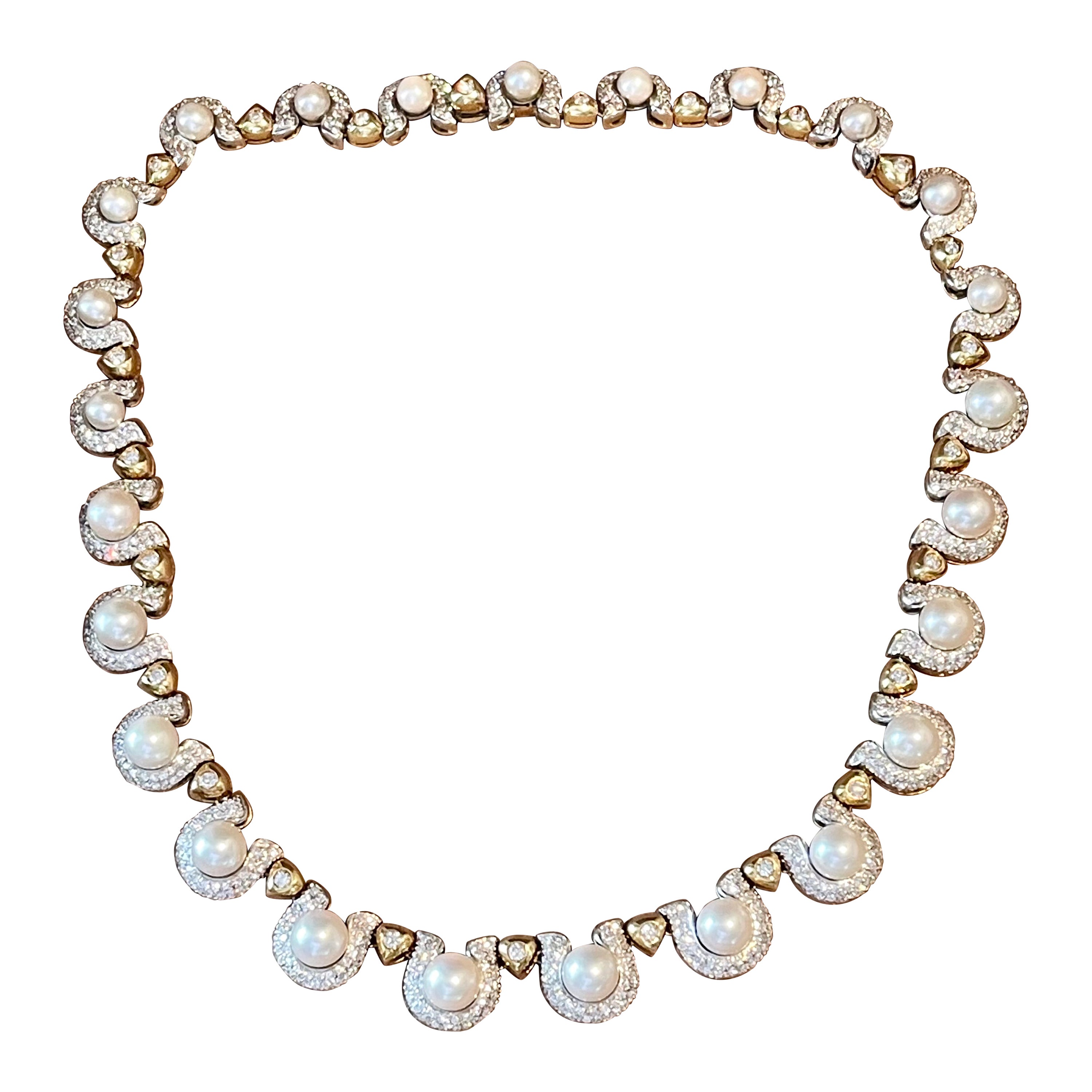 Elegante collana italiana in oro giallo bianco 18 K con perle e diamanti