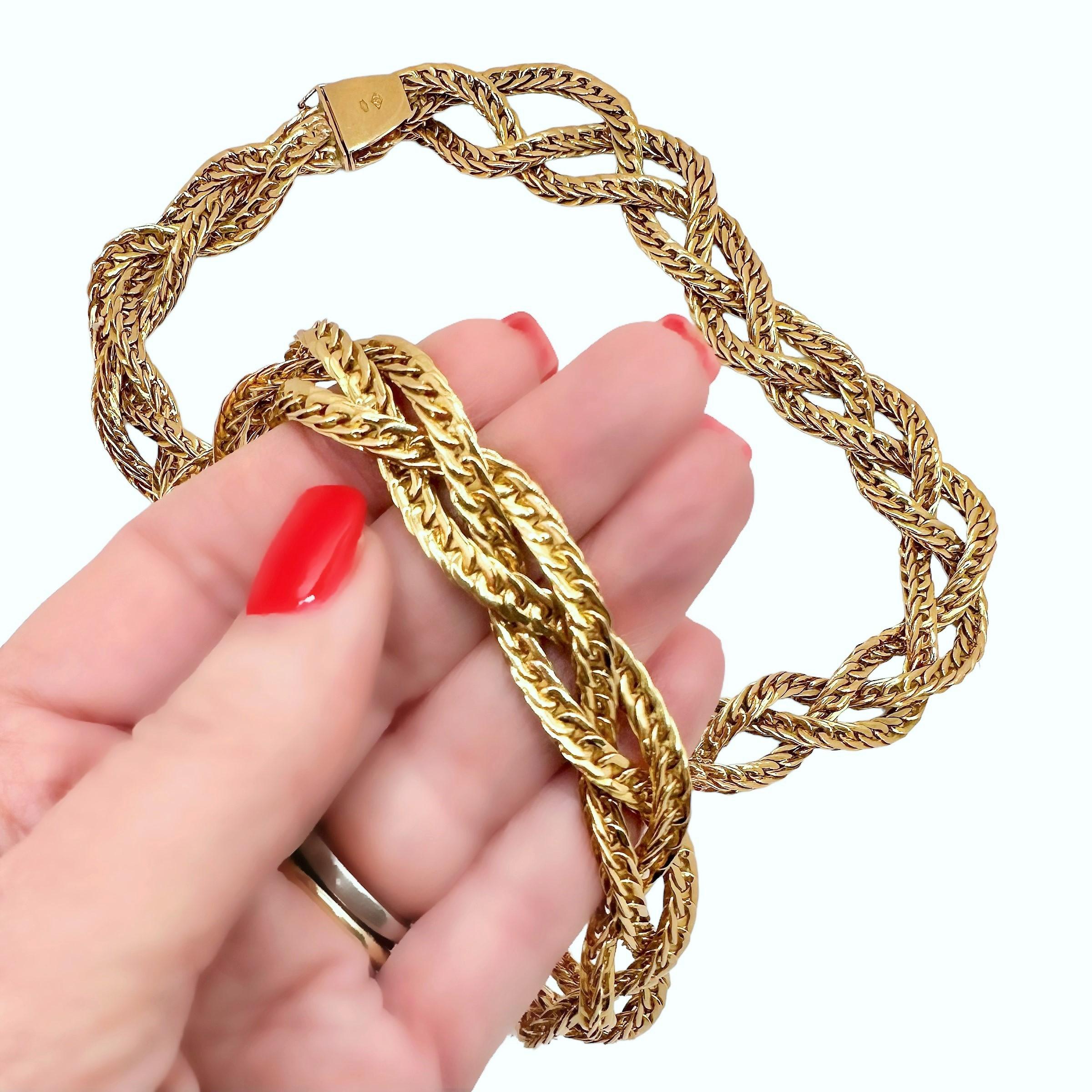 Elegant Italian 18k Gold 3 Strand Braided Necklace For Sale 1