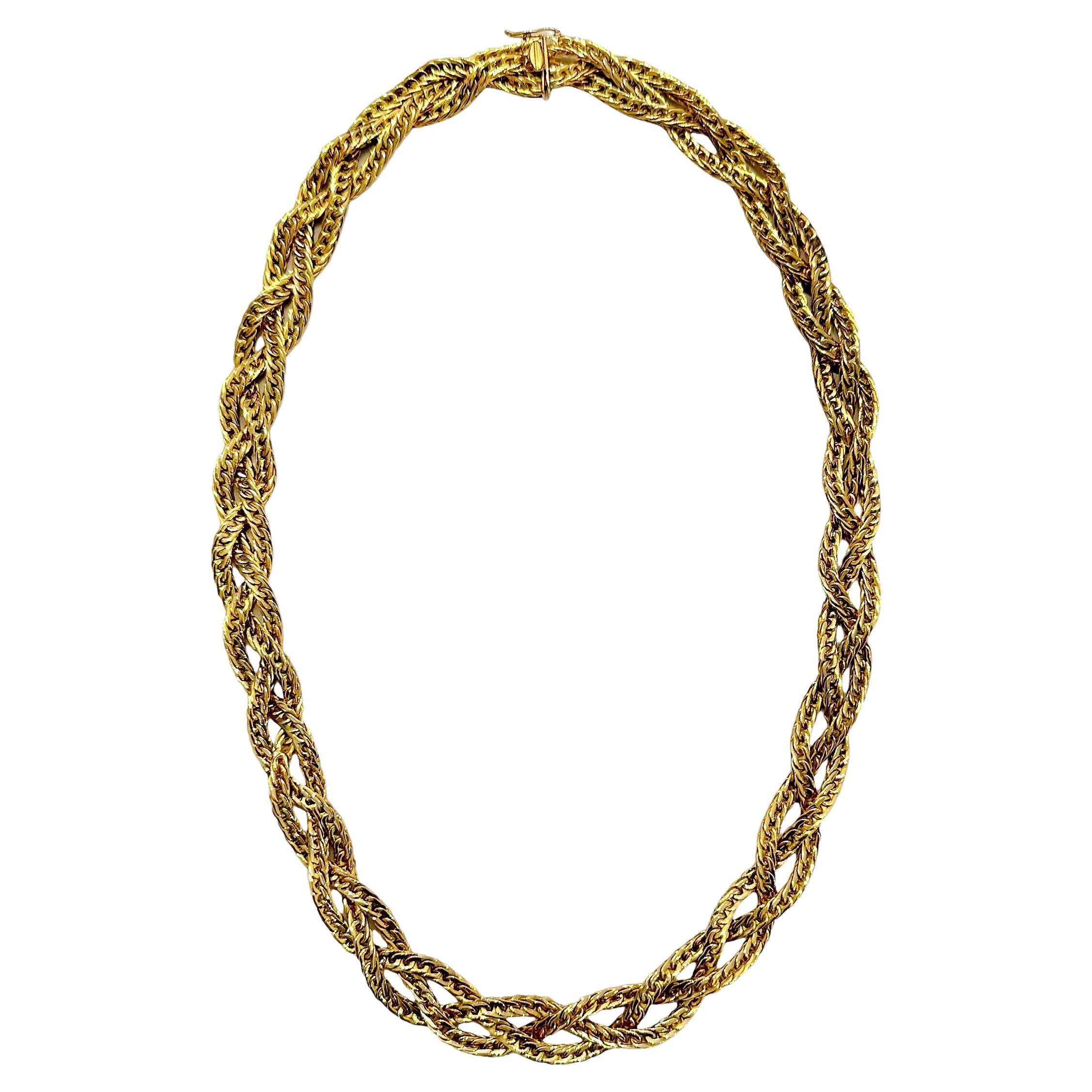 Elegant Italian 18k Gold 3 Strand Braided Necklace For Sale