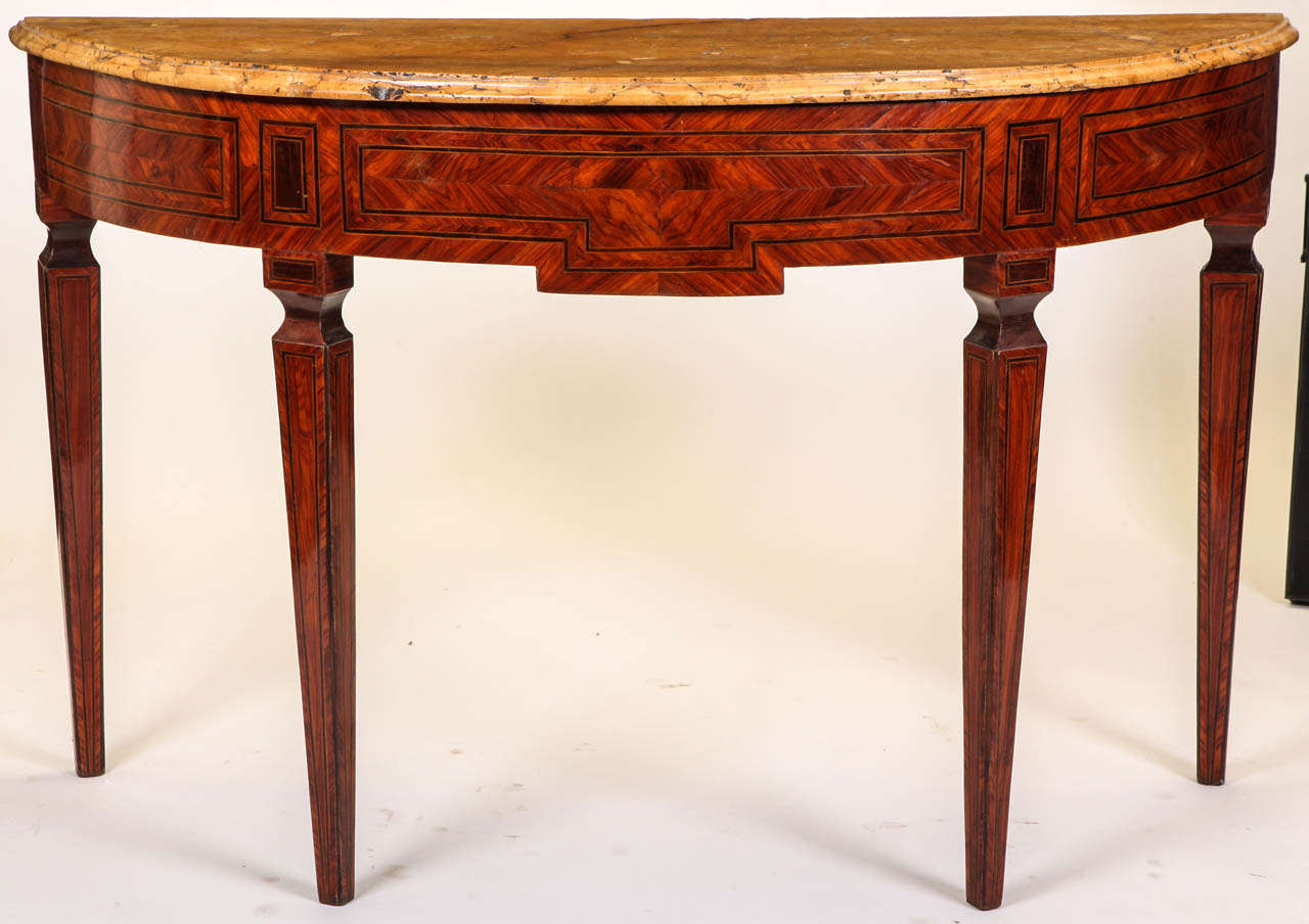 Amazing Italian 18th century marquetry demilune console table with Siena marble top.
Sicily, second half of the 18th century.