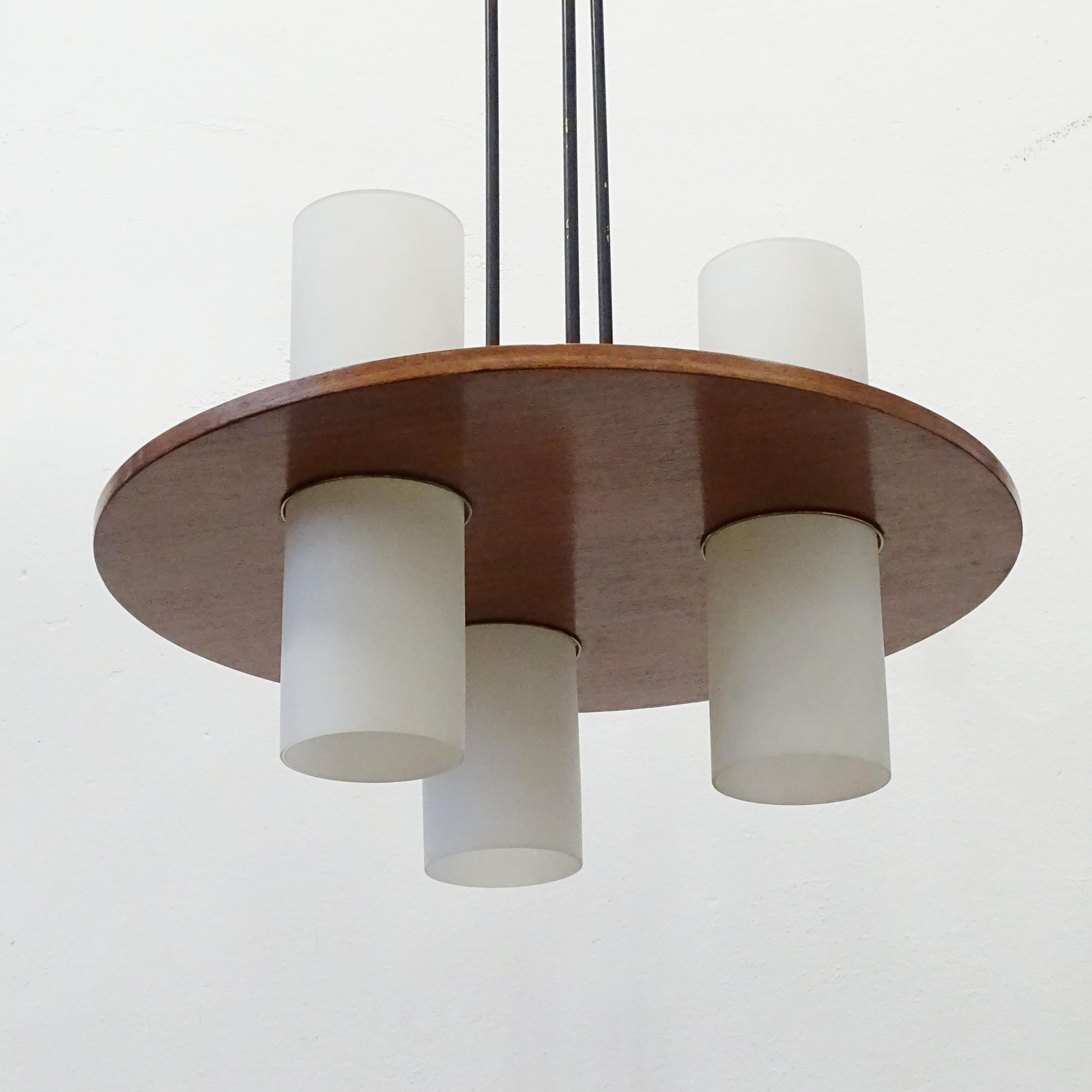 Mid-20th Century Elegant Italian 1950s Teak and Opaline Glass Cylinders Ceiling Lamp For Sale