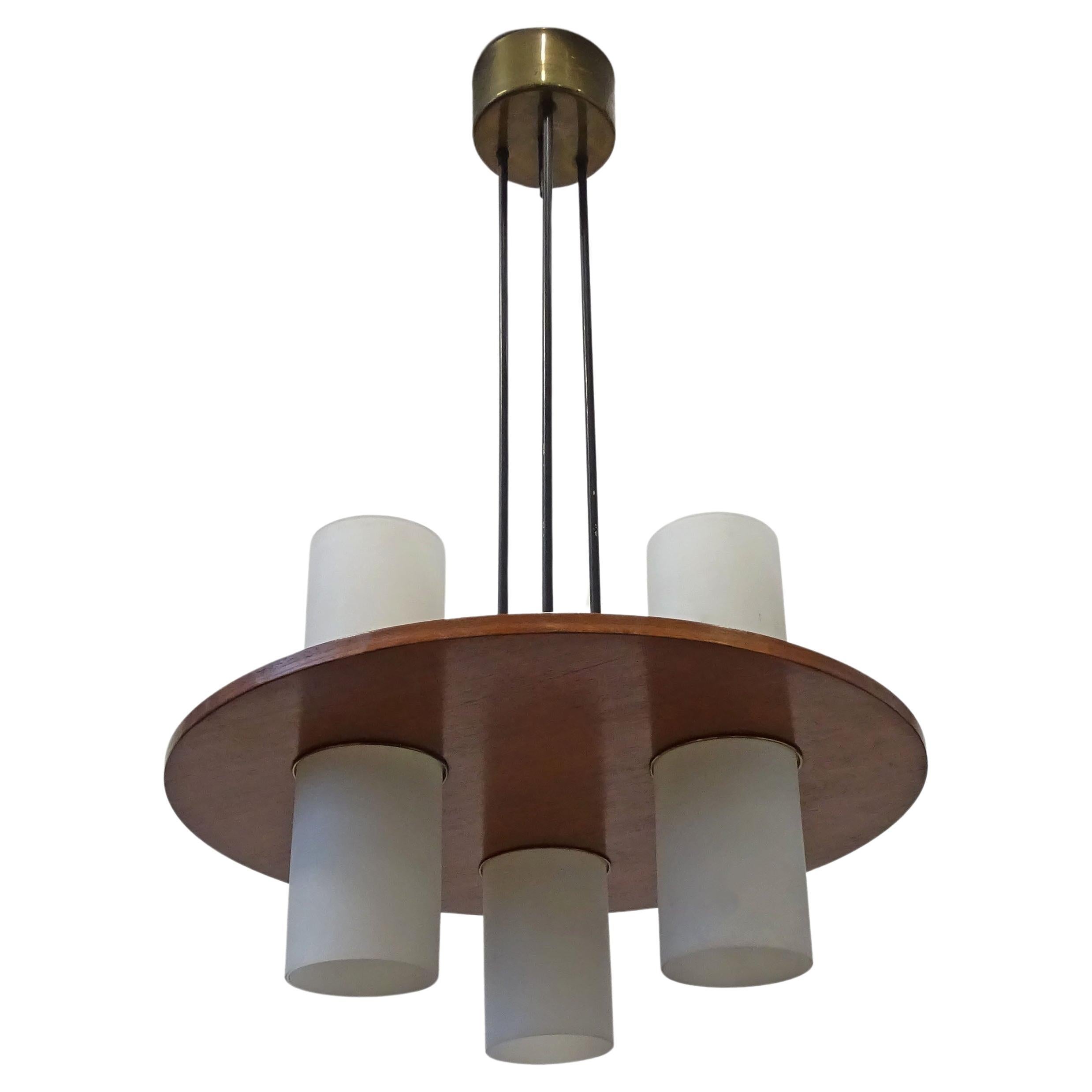 Elegant Italian 1950s Teak and Opaline Glass Cylinders Ceiling Lamp For Sale