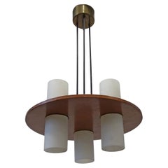 Elegant Italian 1950s Teak and Opaline Glass Cylinders Ceiling Lamp