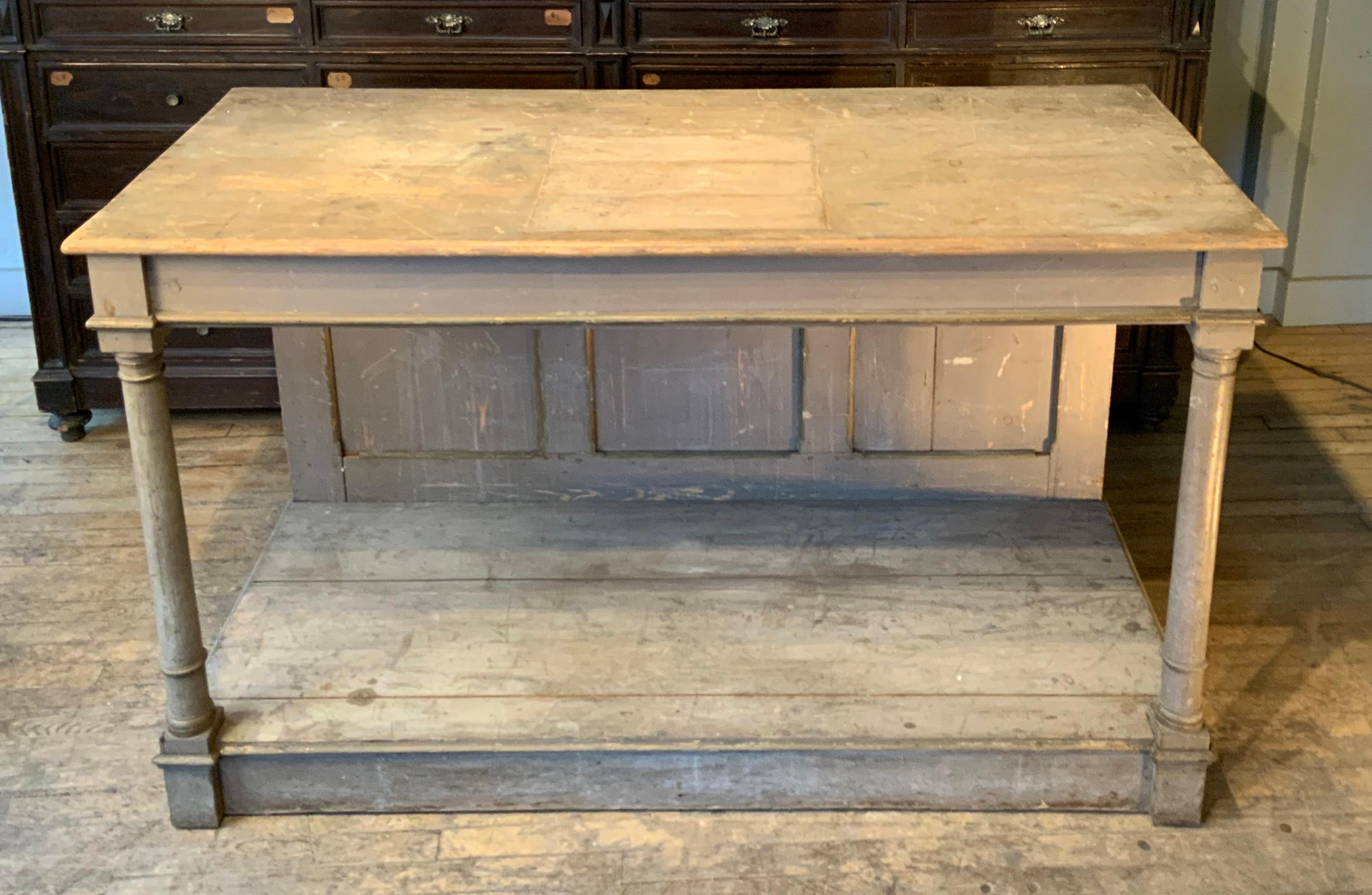 An incredible late 19th century Italian console table with a beautiful column base and panelled interior back. wonderful scale and patina - perfect for many uses!