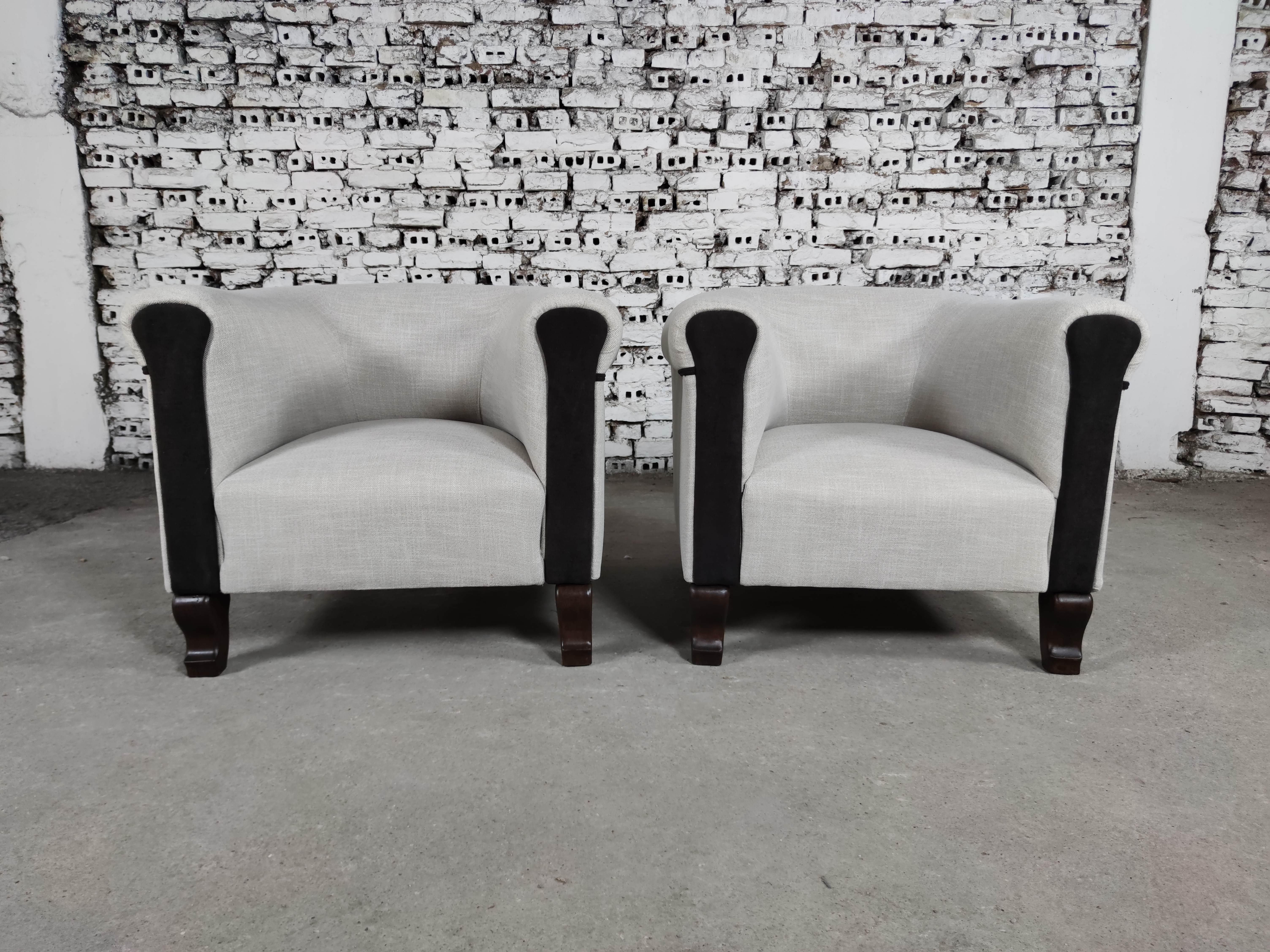 Art déco Elegance Italian Art Deco Club Armchairs, Reupholstered - a Pair