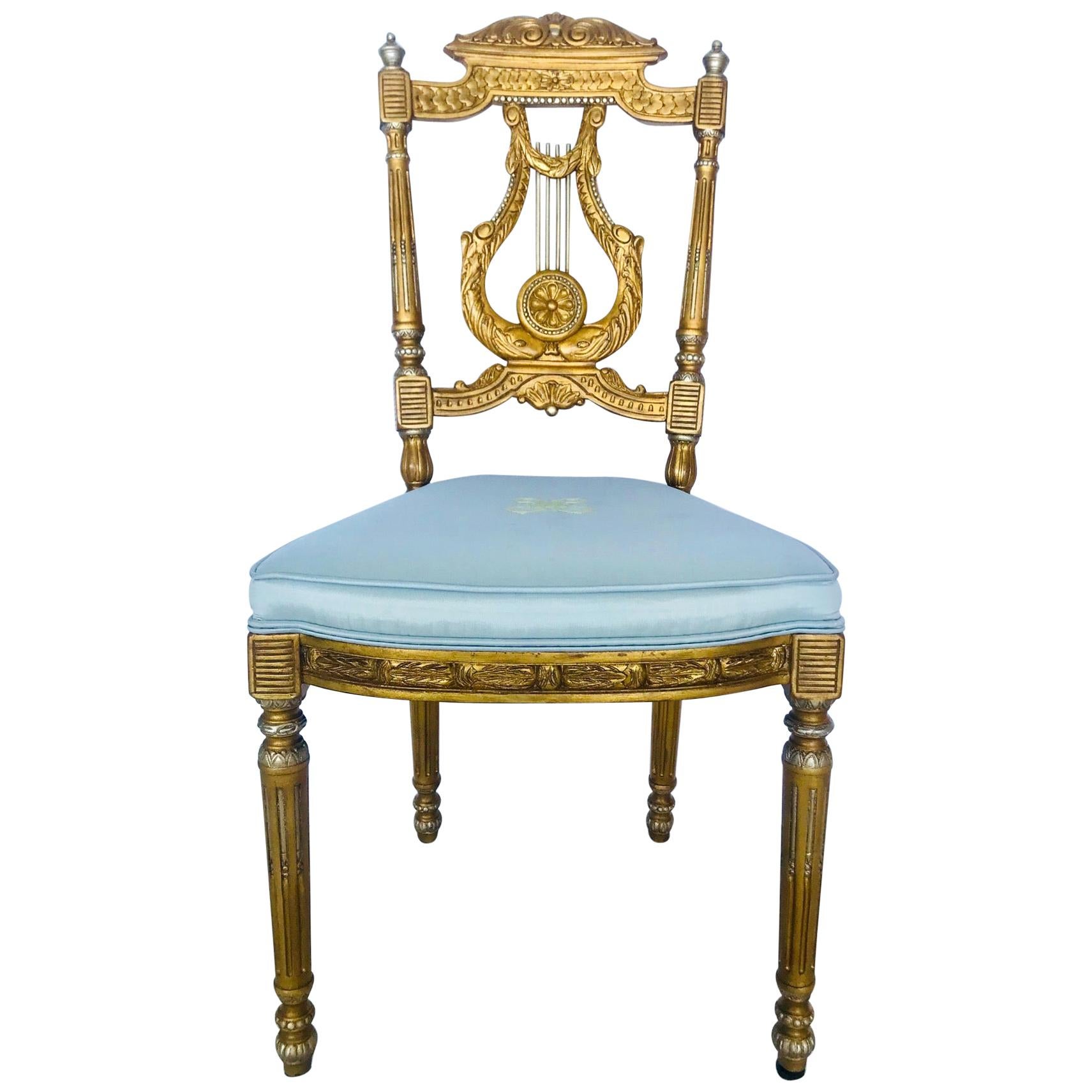 Elegant Italian Belle Époque Lyre Chair in Antique Gold Leaf